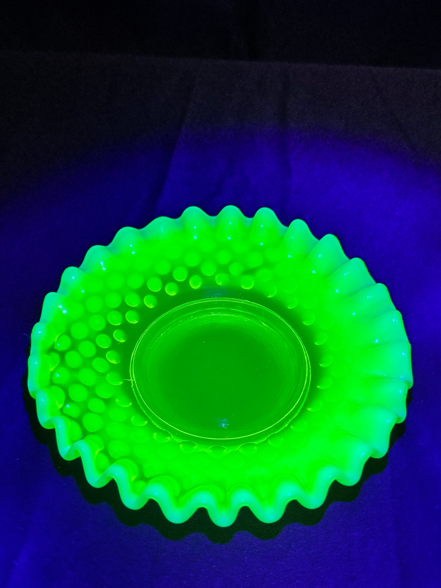 Uranium- Fenton -Hobnail- Ruffled Candy dish- Topaz Opalescent