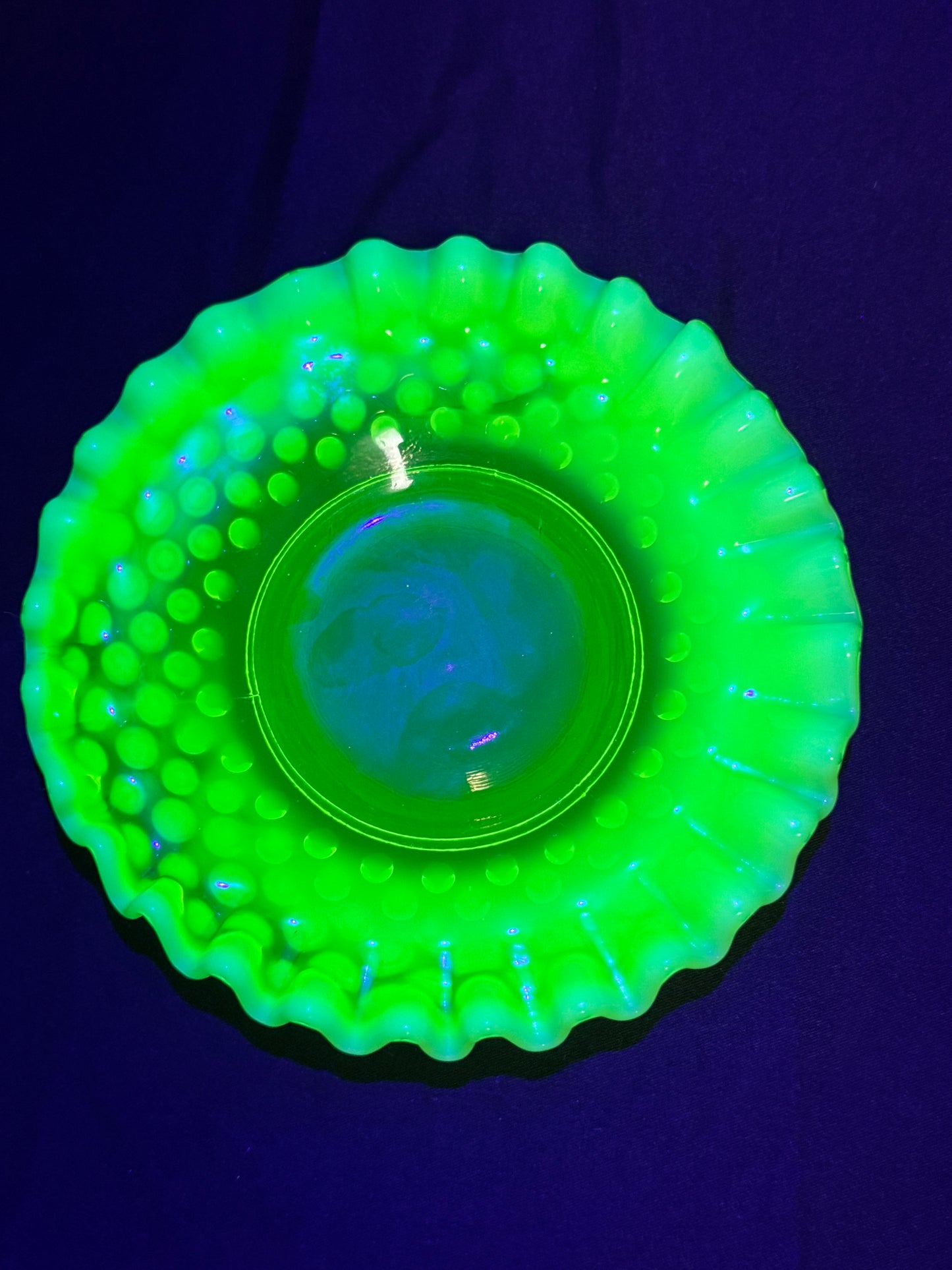 Uranium- Fenton -Hobnail- Ruffled Candy dish- Topaz Opalescent