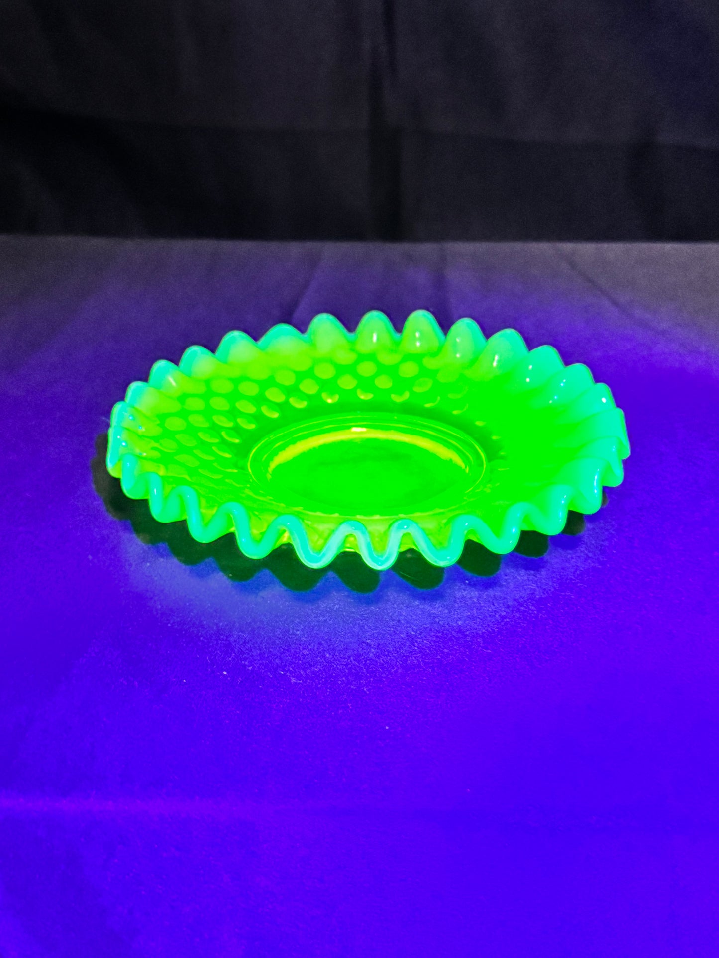 Uranium- Fenton -Hobnail- Ruffled Candy dish- Topaz Opalescent
