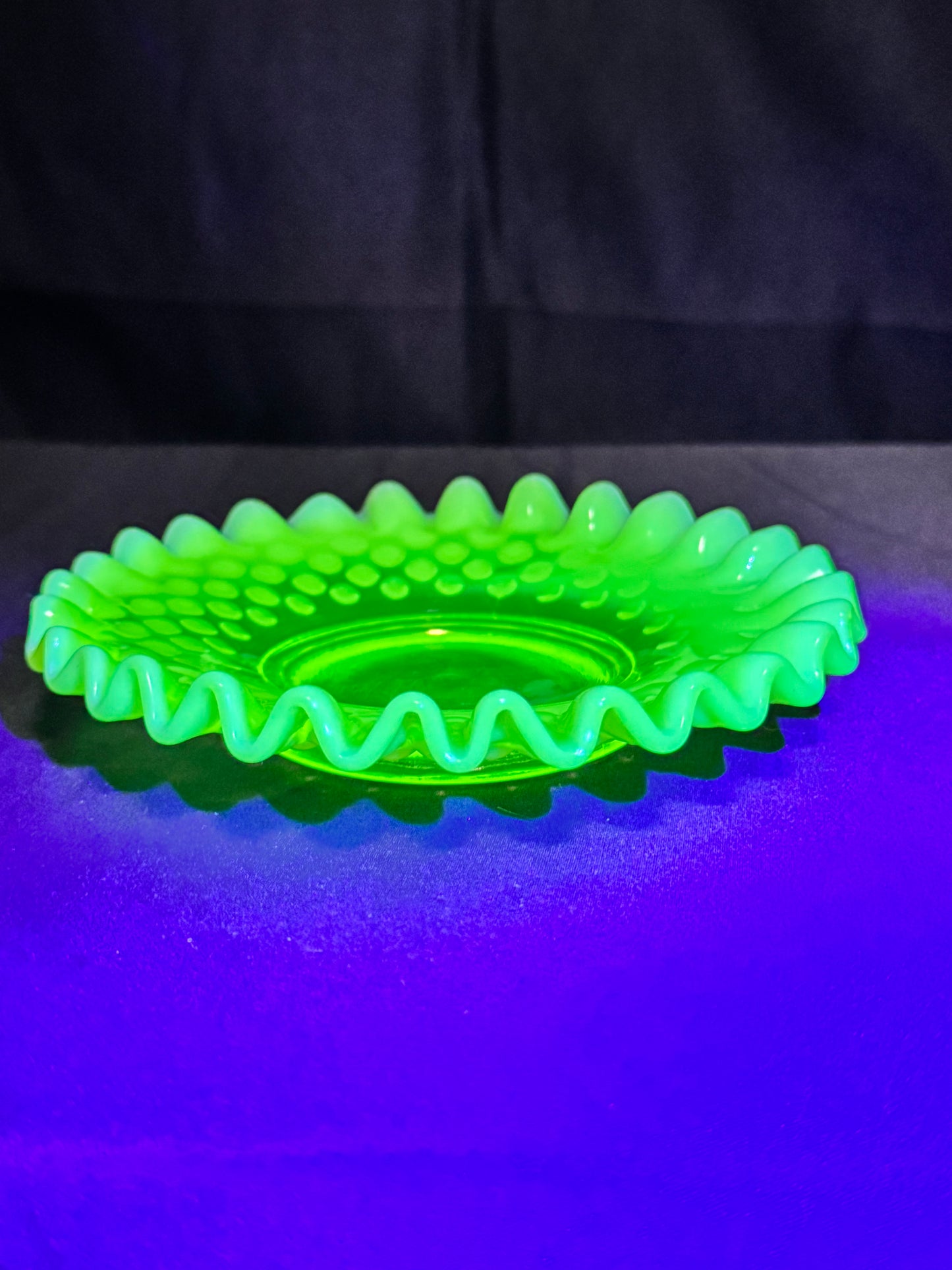 Uranium- Fenton -Hobnail- Ruffled Candy dish- Topaz Opalescent