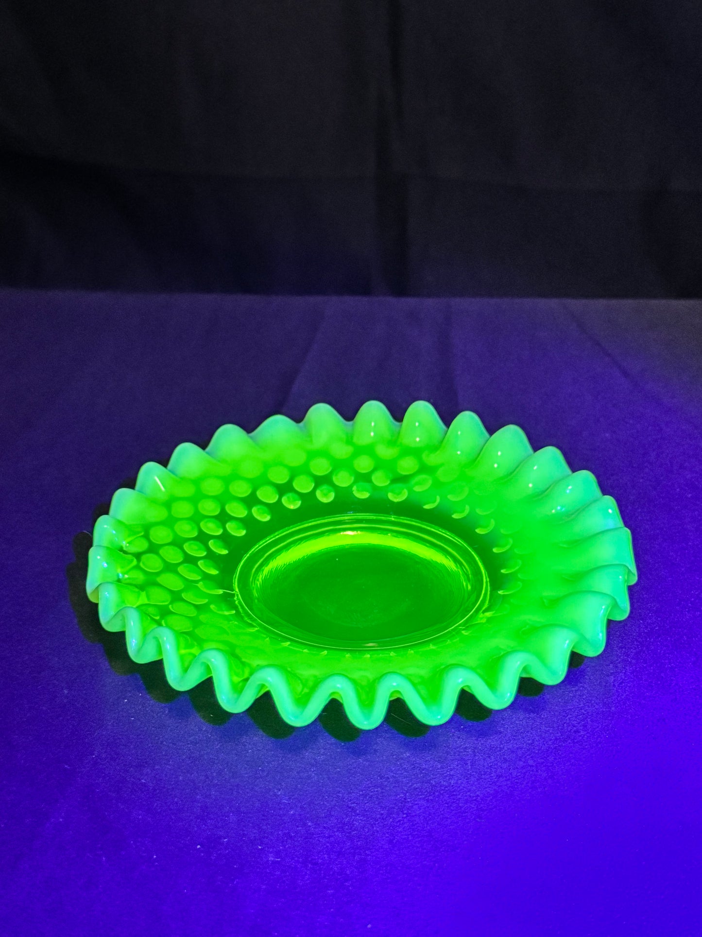 Uranium- Fenton -Hobnail- Ruffled Candy dish- Topaz Opalescent