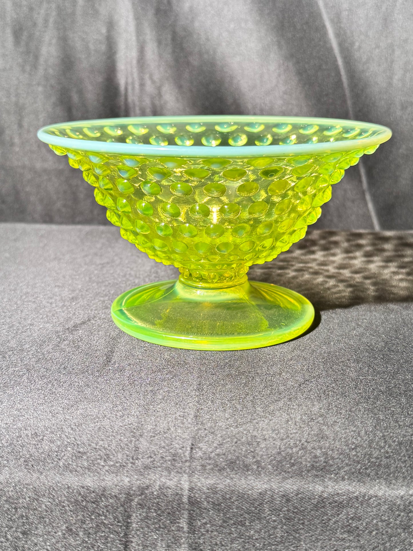 Uranium- Fenton -Hobnail- Footed Bowl- Topaz Opalescent