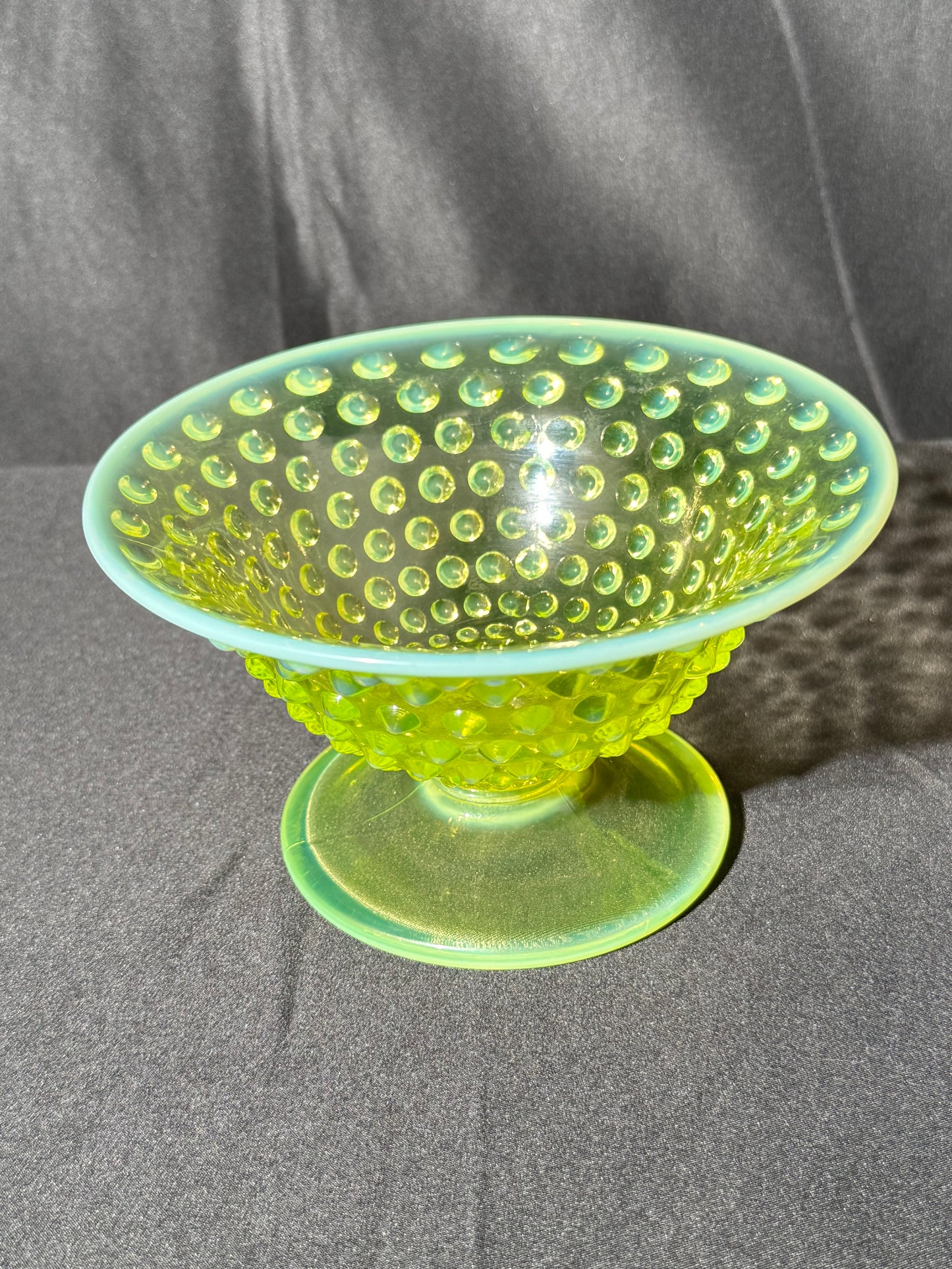 Uranium- Fenton -Hobnail- Footed Bowl- Topaz Opalescent