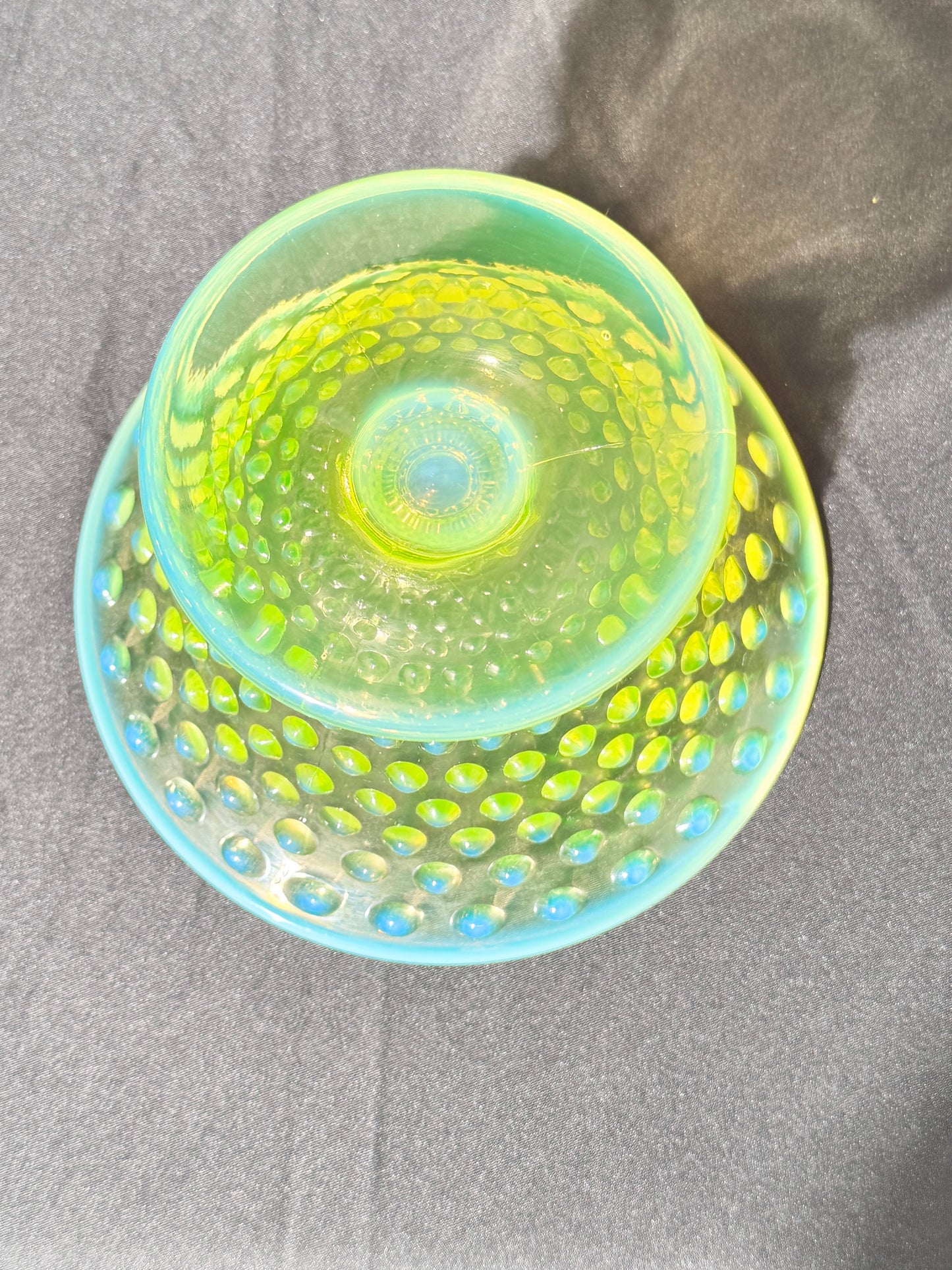Uranium- Fenton -Hobnail- Footed Bowl- Topaz Opalescent