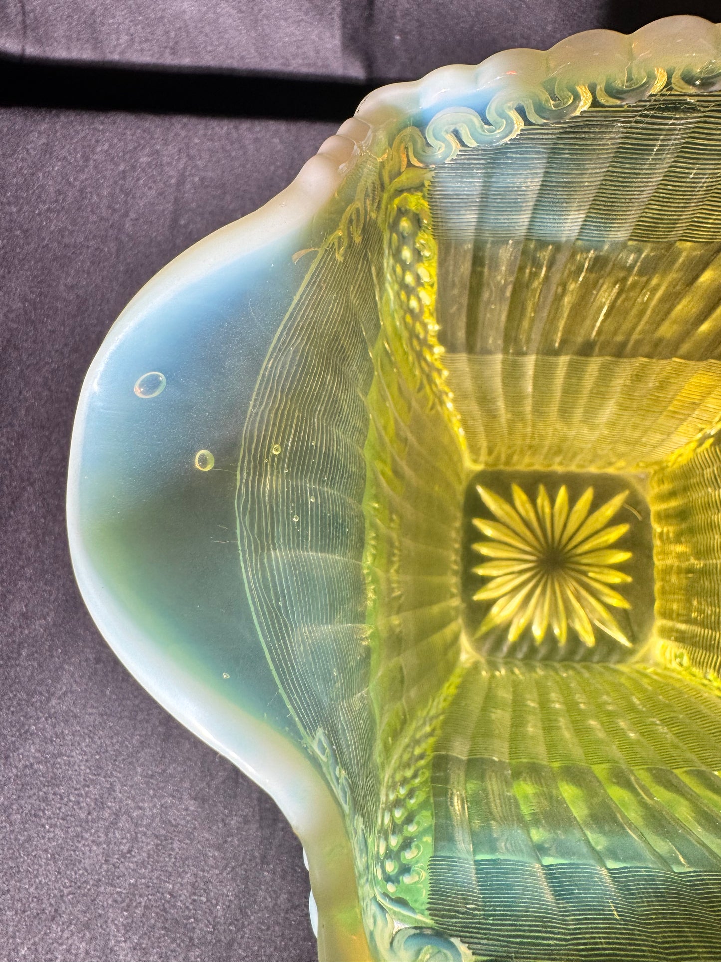 Uranium- Northwood Alaska- Band and Ribbon- Pitcher- Vaseline Opalescent- 1897-1910- “Lions Leg”