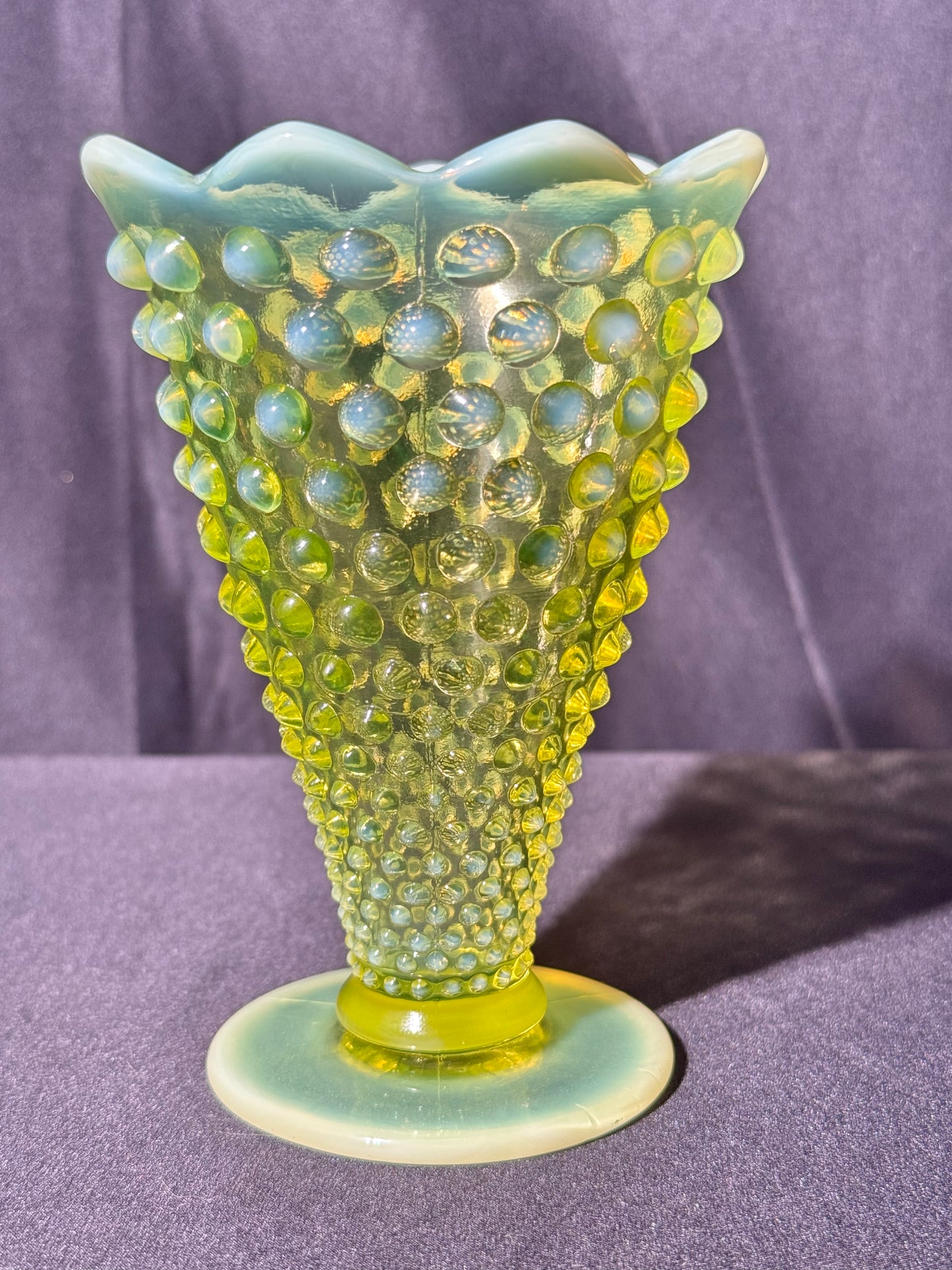Uranium- Fenton- Hobnail- Flower Vase - Topaz Opalescent