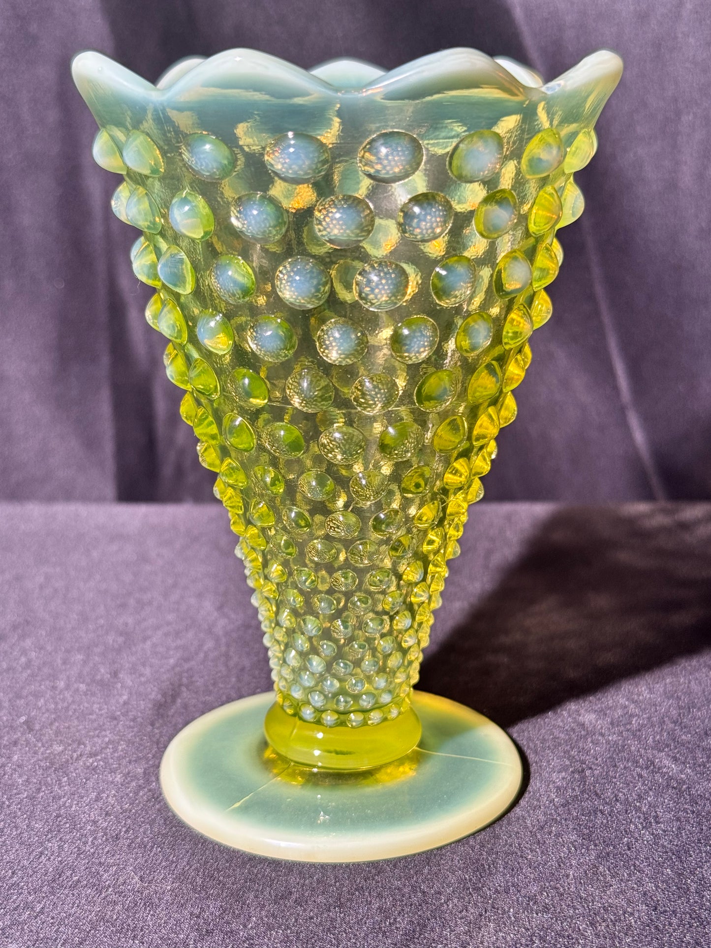 Uranium- Fenton- Hobnail- Flower Vase - Topaz Opalescent