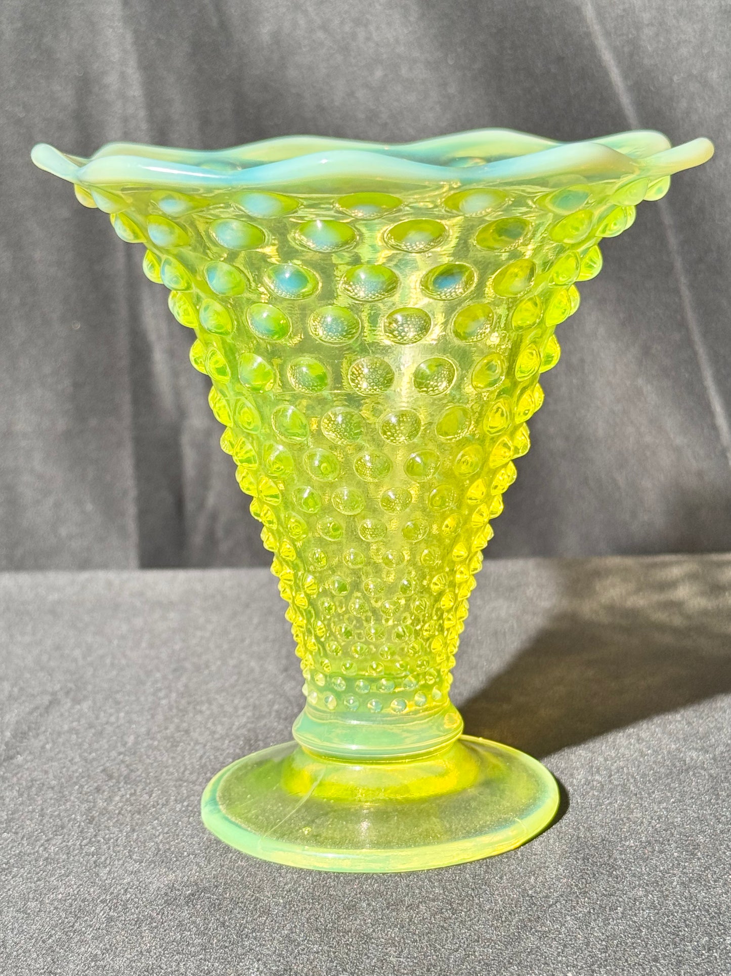 Uranium- Fenton- Hobnail- Flower Vase - Topaz Opalescent