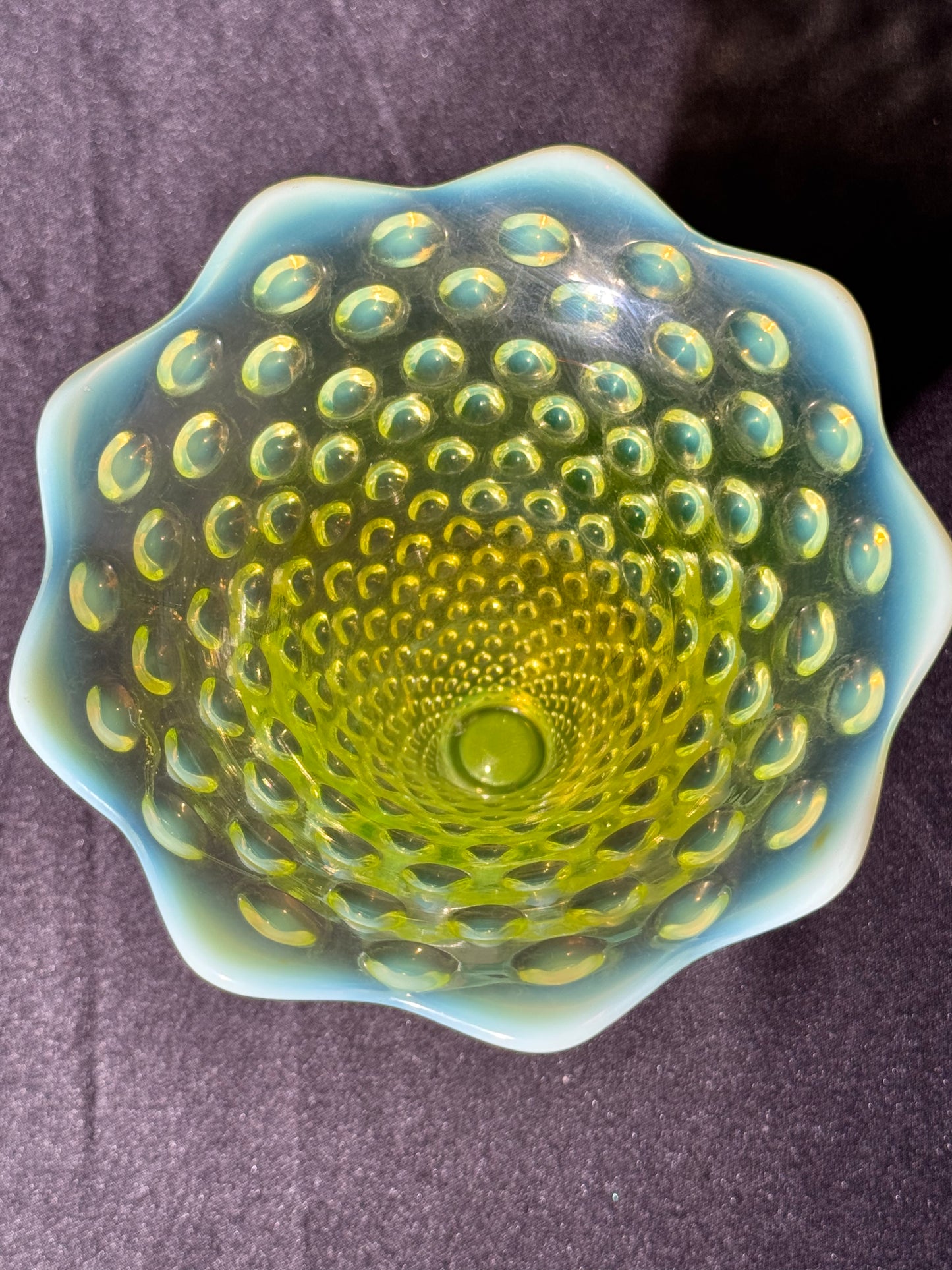 Uranium- Fenton- Hobnail- Flower Vase - Topaz Opalescent