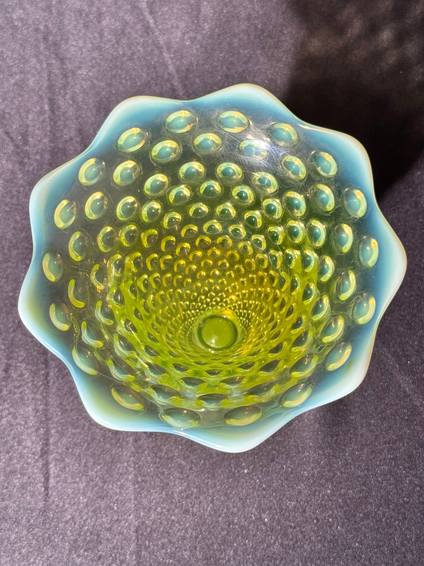 Uranium- Fenton- Hobnail- Flower Vase - Topaz Opalescent