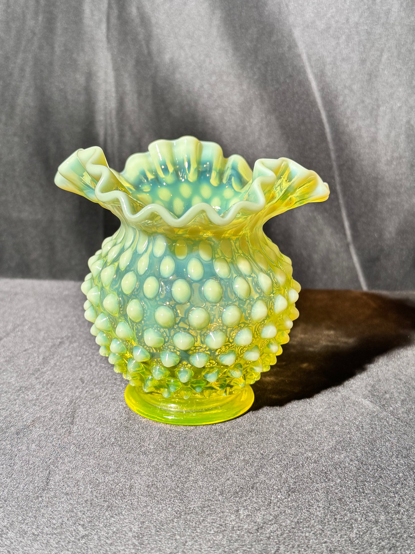 Uranium- Fenton- Hobnail- Ruffled Rose Vase- topaz opalescent