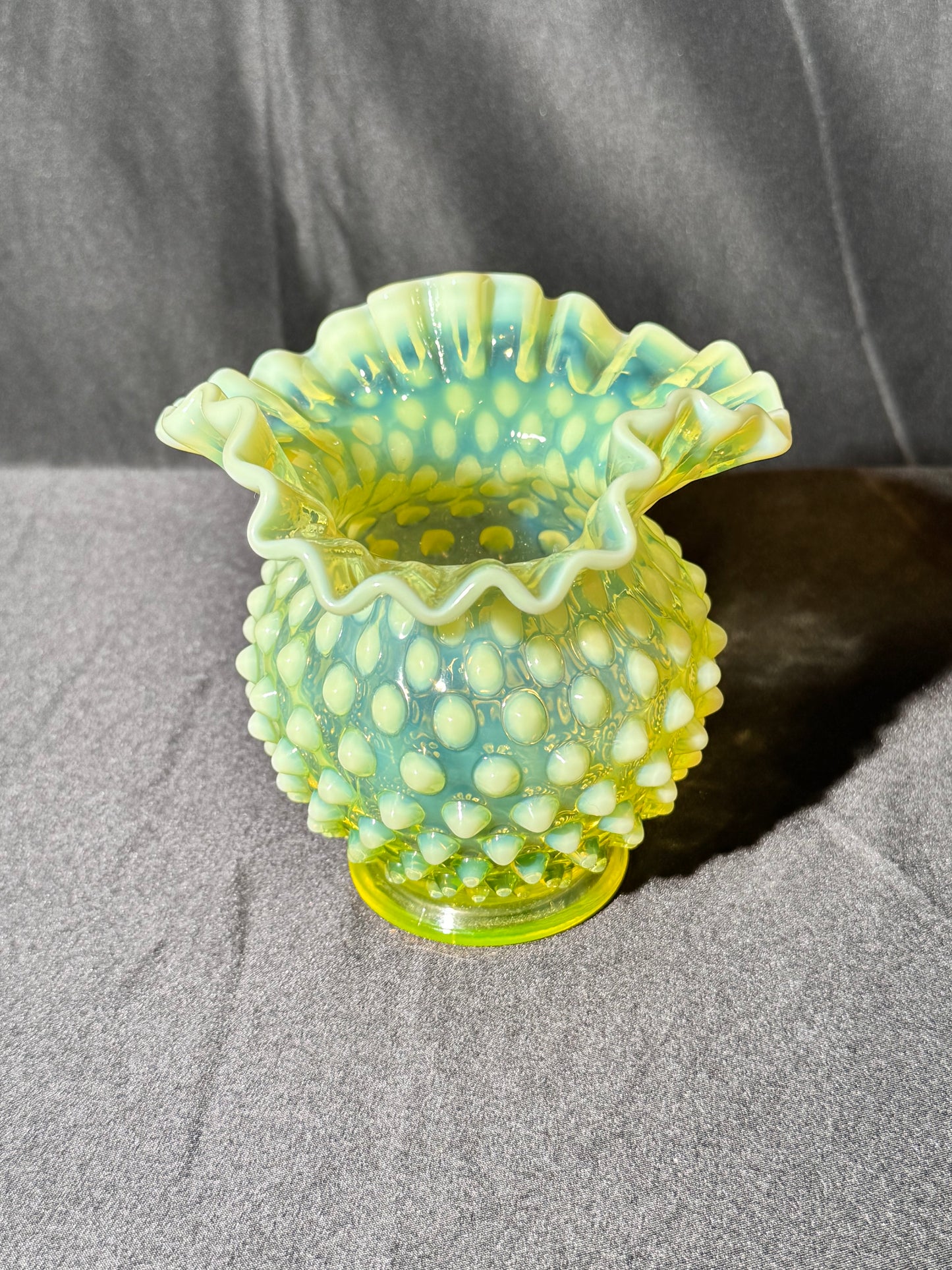 Uranium- Fenton- Hobnail- Ruffled Rose Vase- topaz opalescent