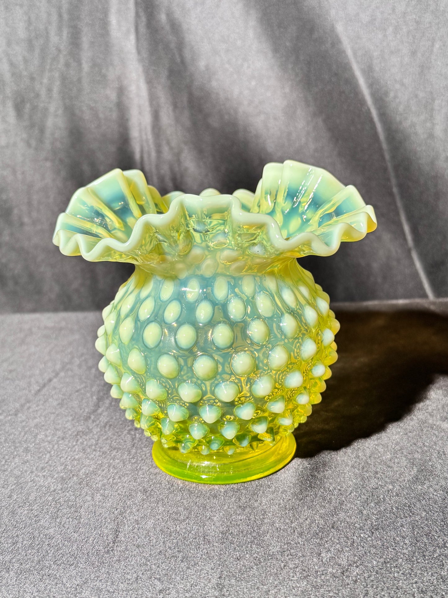 Uranium- Fenton- Hobnail- Ruffled Rose Vase- topaz opalescent