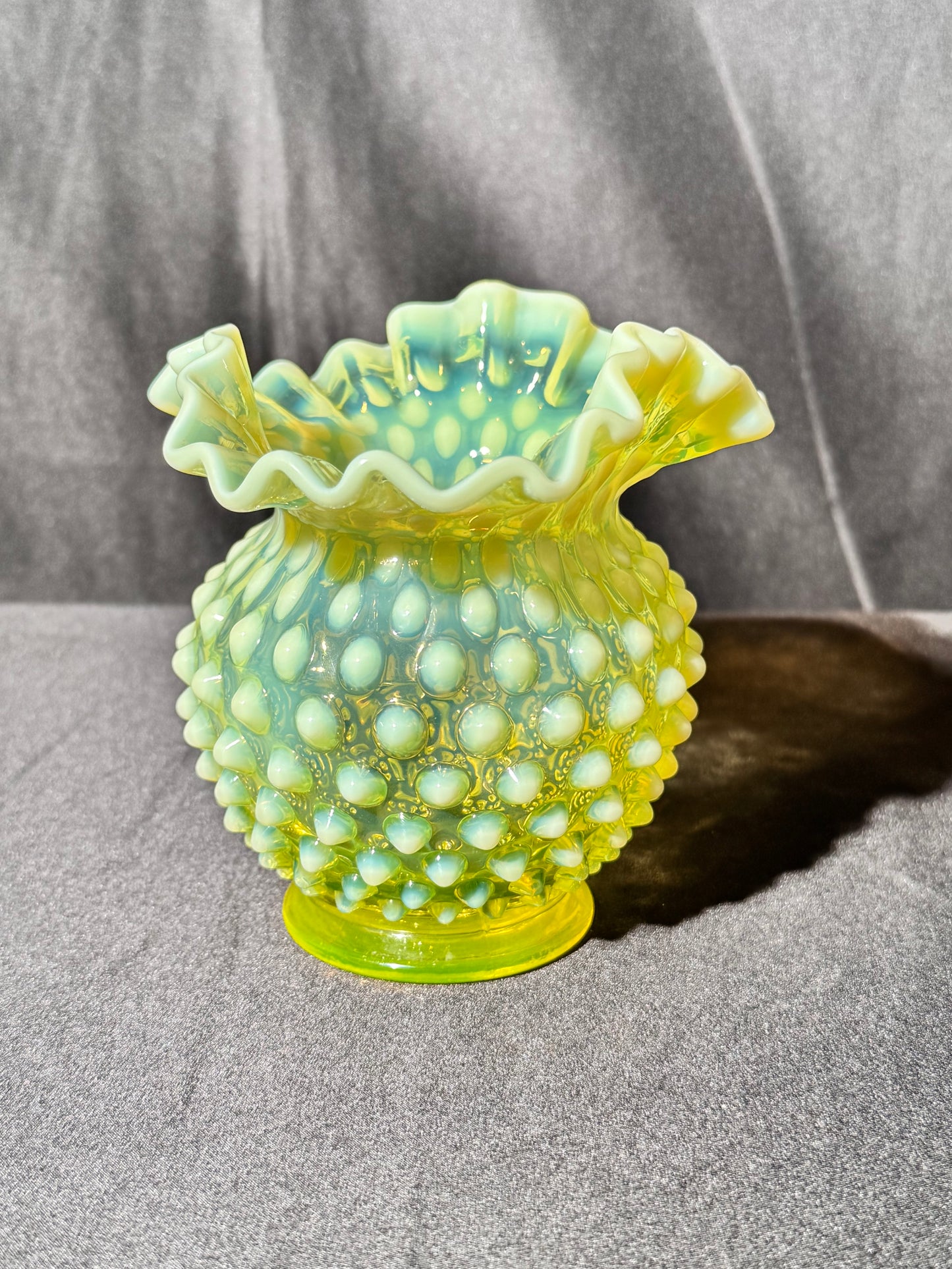Uranium- Fenton- Hobnail- Ruffled Rose Vase- topaz opalescent