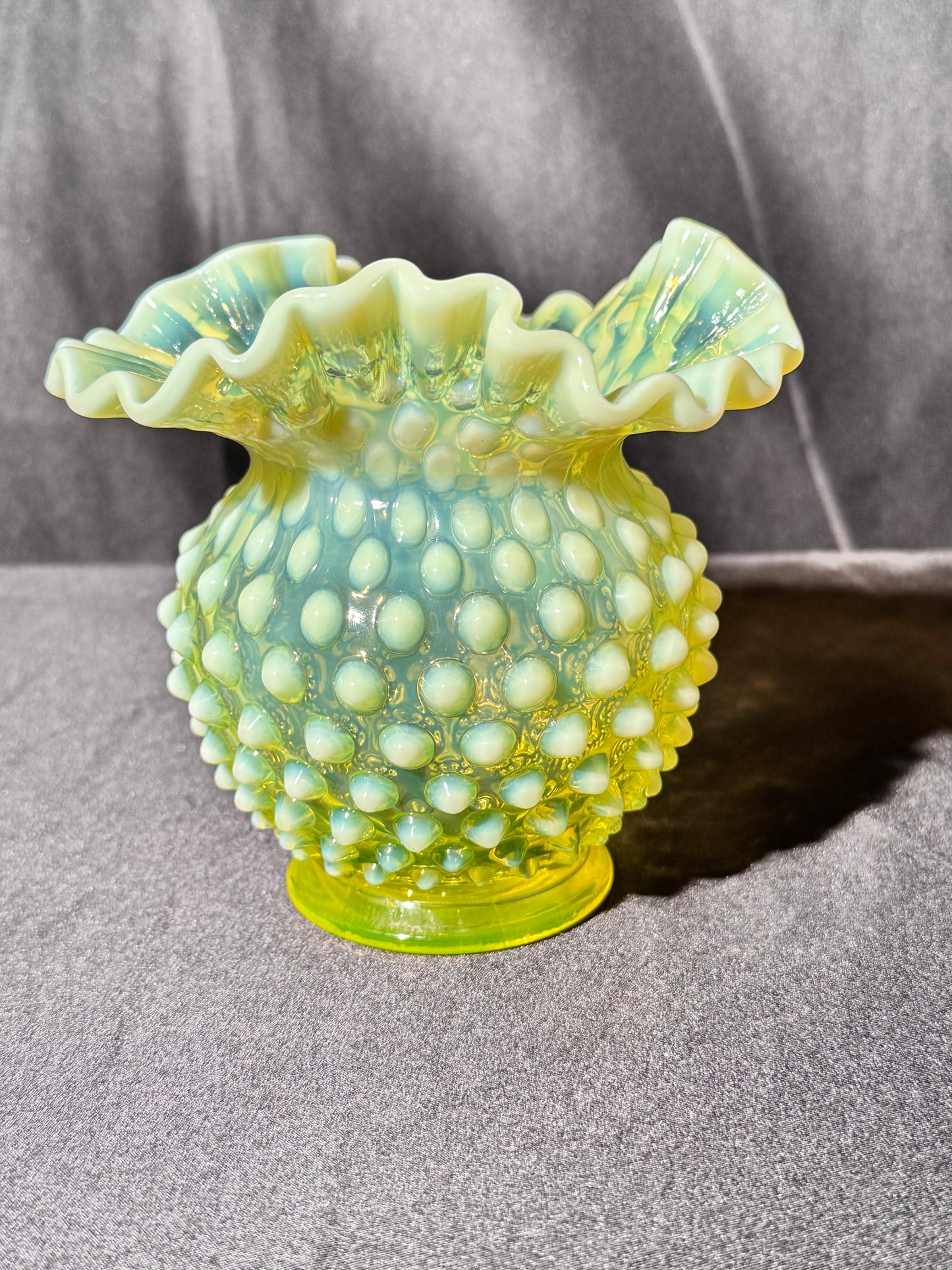 Uranium- Fenton- Hobnail- Ruffled Rose Vase- topaz opalescent