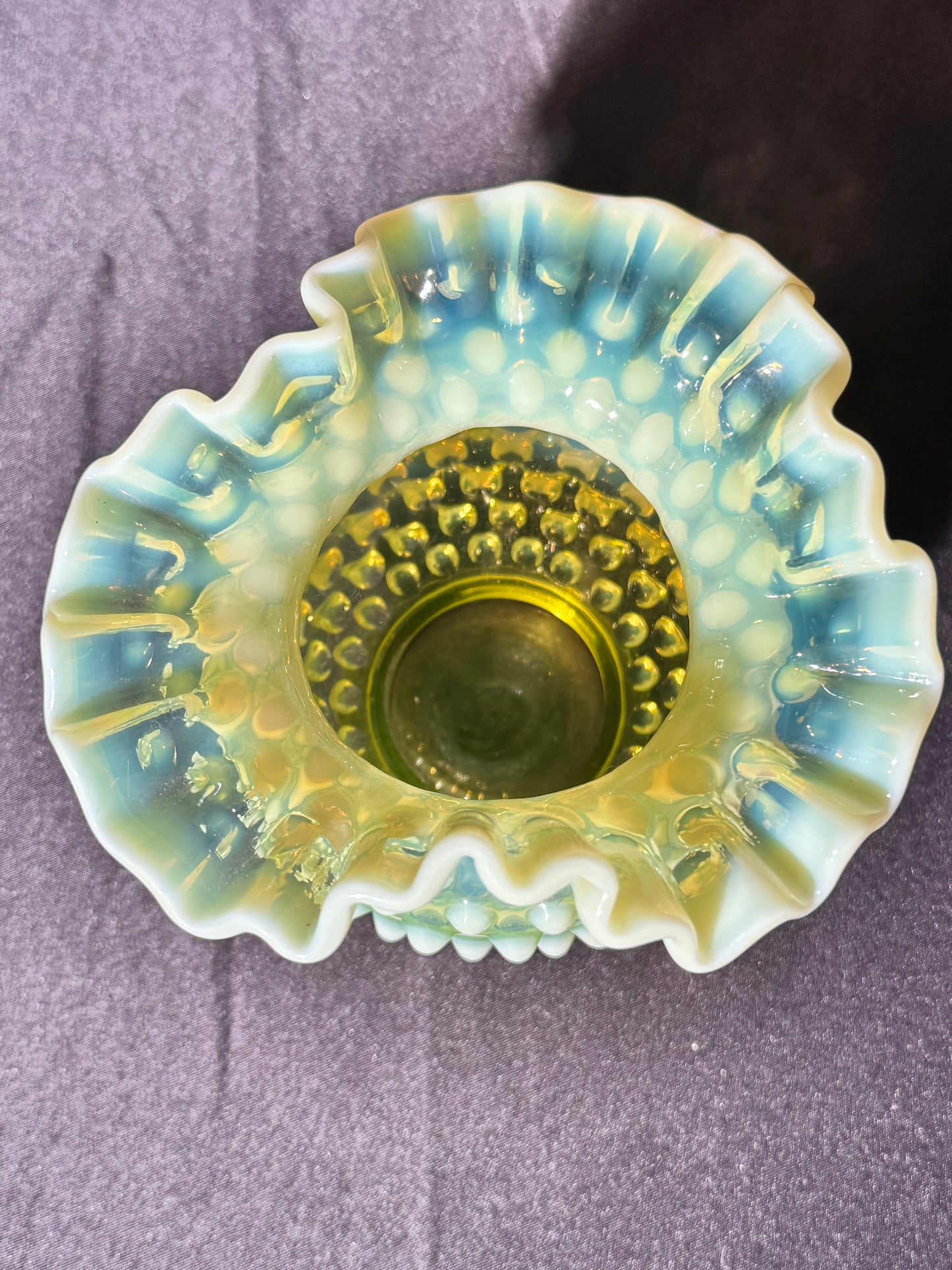 Uranium- Fenton- Hobnail- Ruffled Rose Vase- topaz opalescent