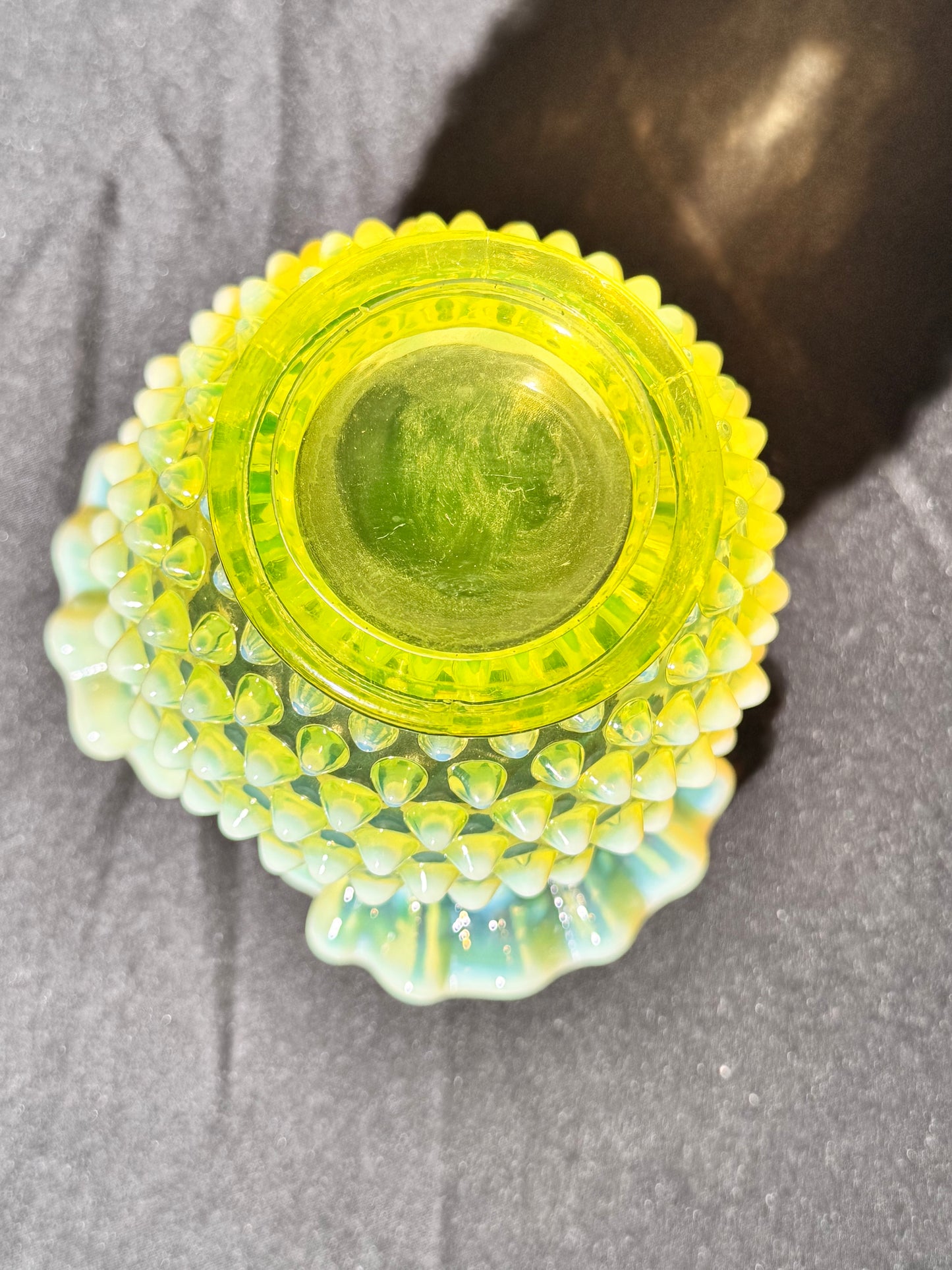 Uranium- Fenton- Hobnail- Ruffled Rose Vase- topaz opalescent