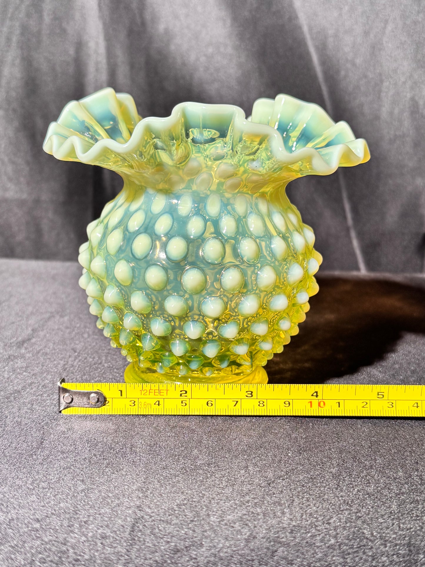 Uranium- Fenton- Hobnail- Ruffled Rose Vase- topaz opalescent