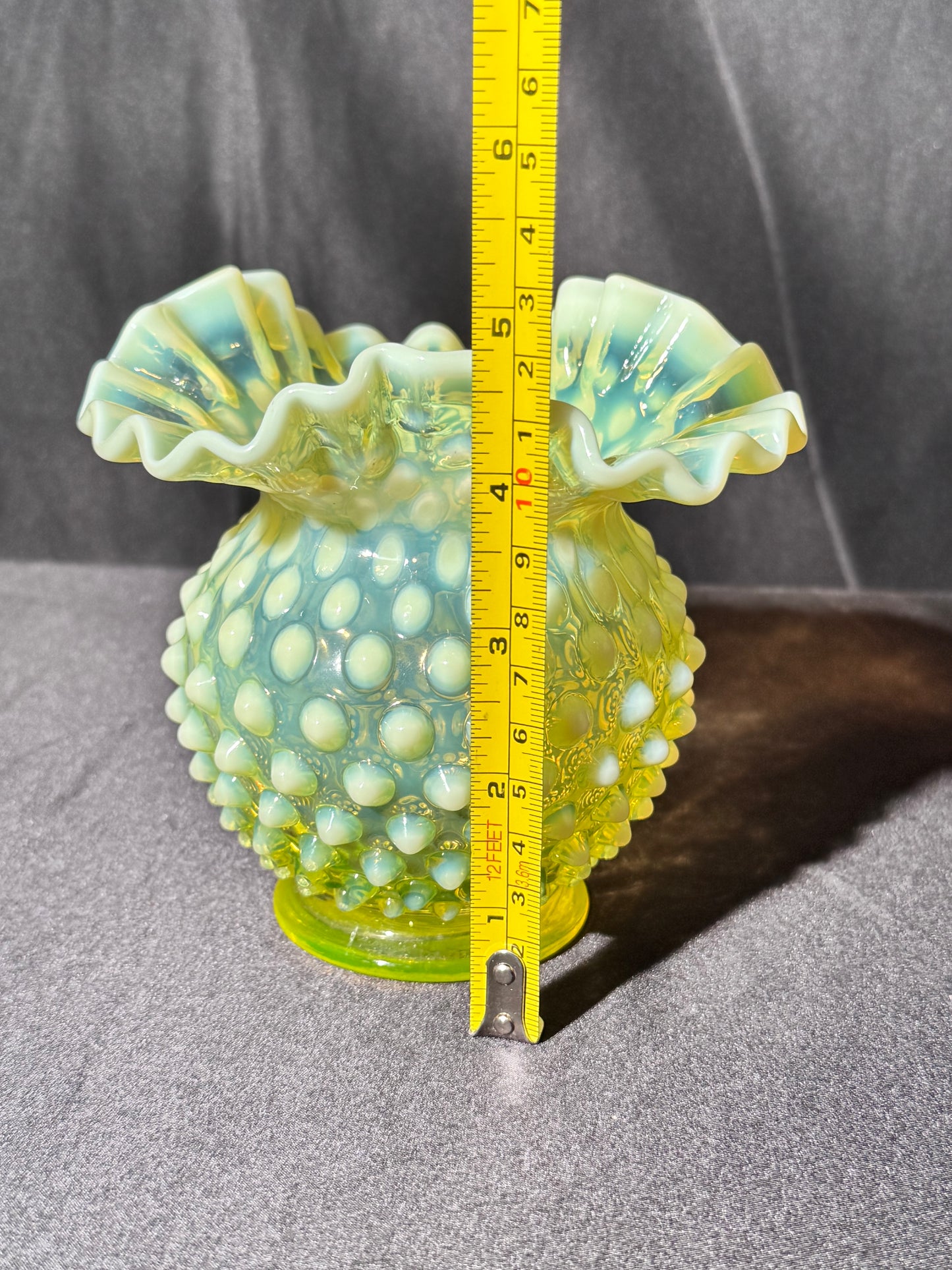 Uranium- Fenton- Hobnail- Ruffled Rose Vase- topaz opalescent