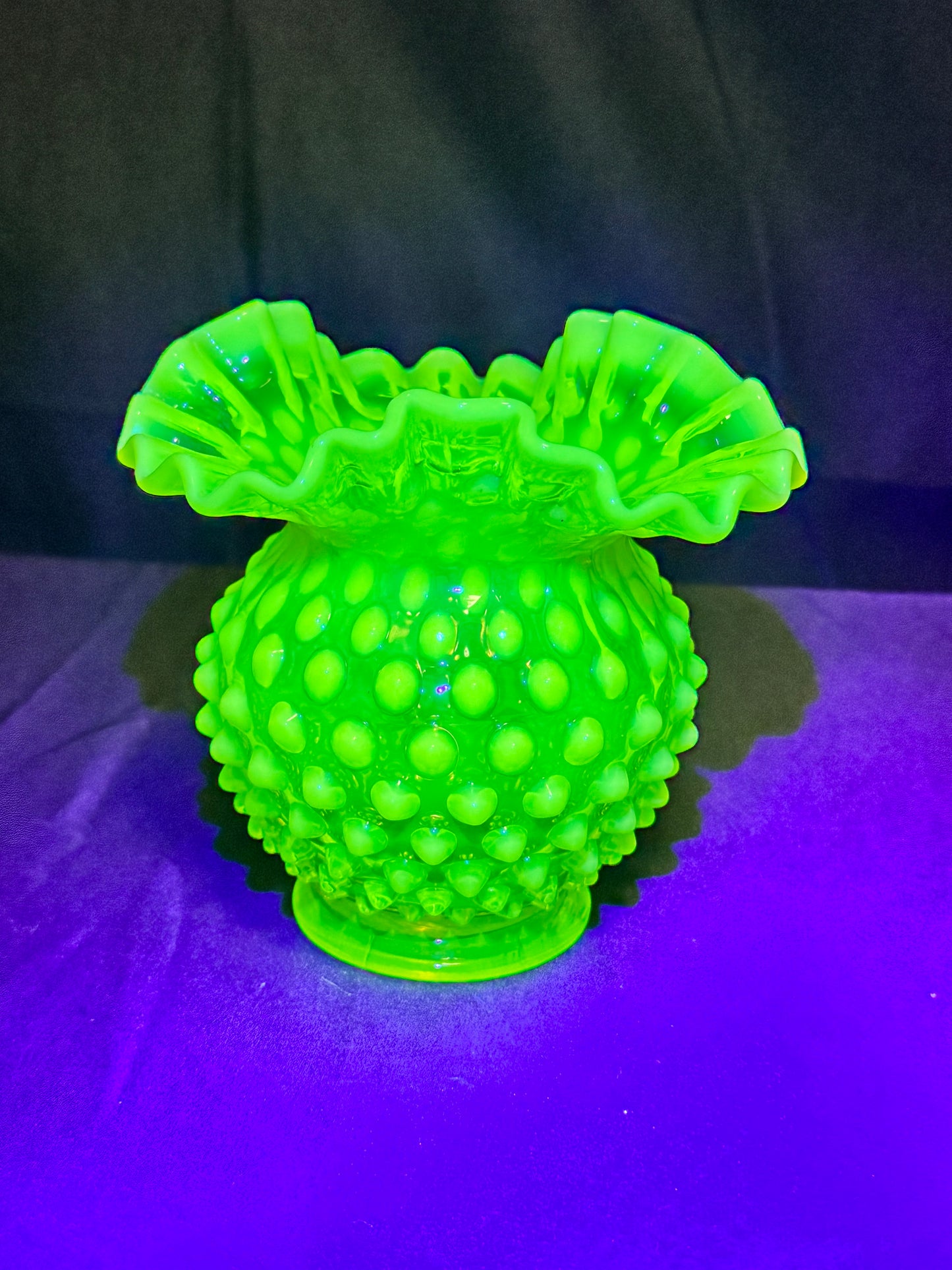 Uranium- Fenton- Hobnail- Ruffled Rose Vase- topaz opalescent