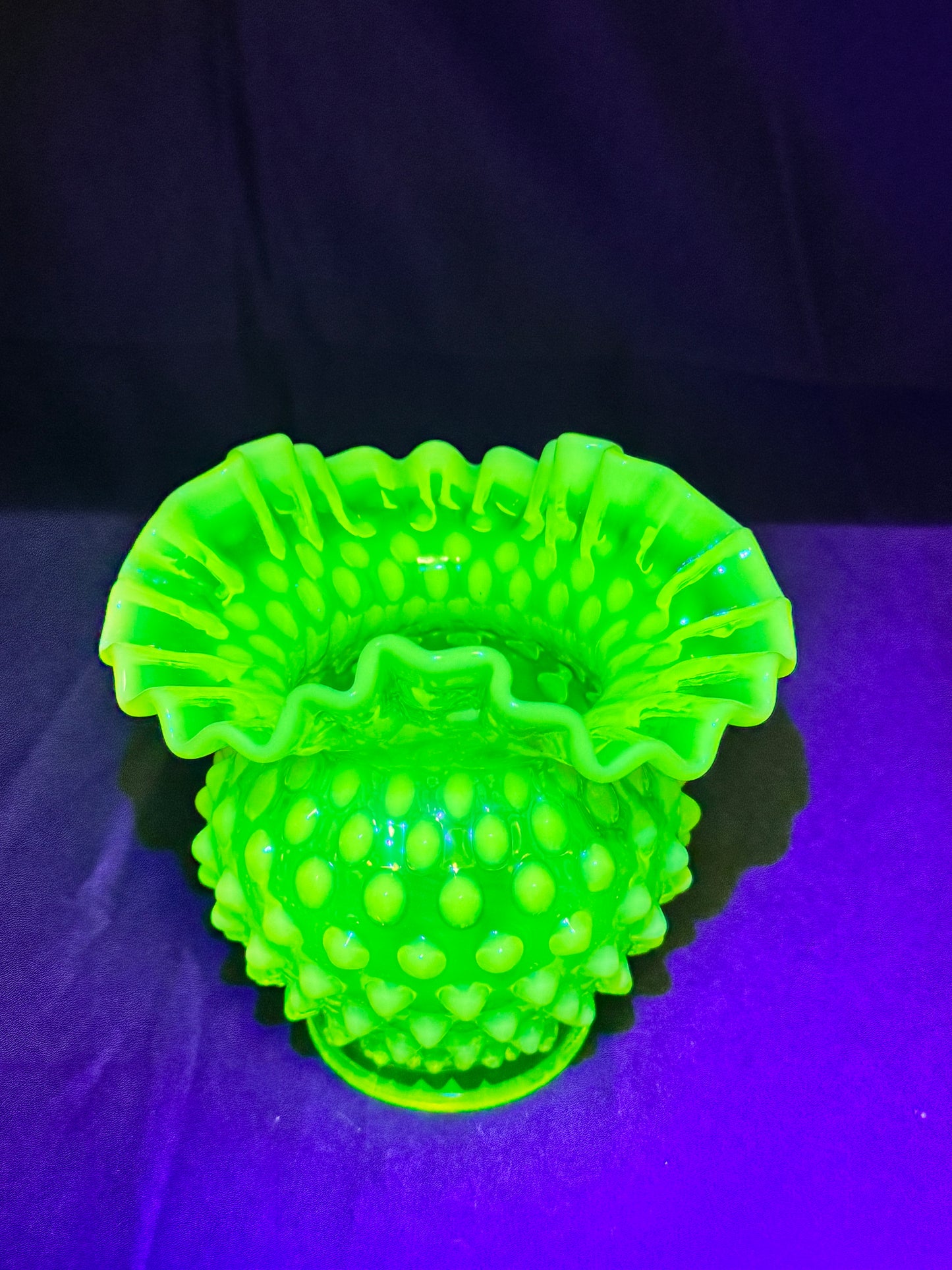 Uranium- Fenton- Hobnail- Ruffled Rose Vase- topaz opalescent