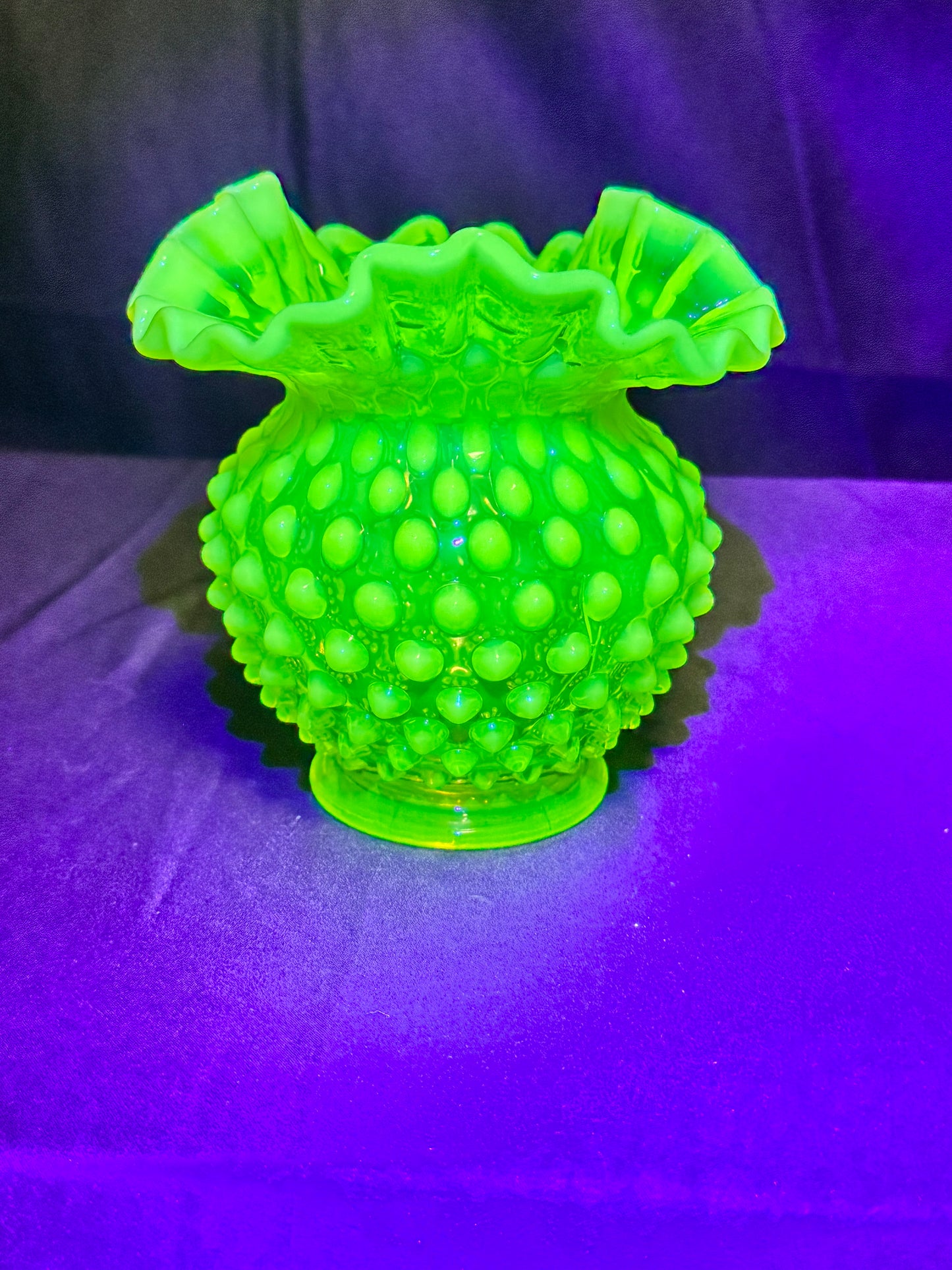 Uranium- Fenton- Hobnail- Ruffled Rose Vase- topaz opalescent