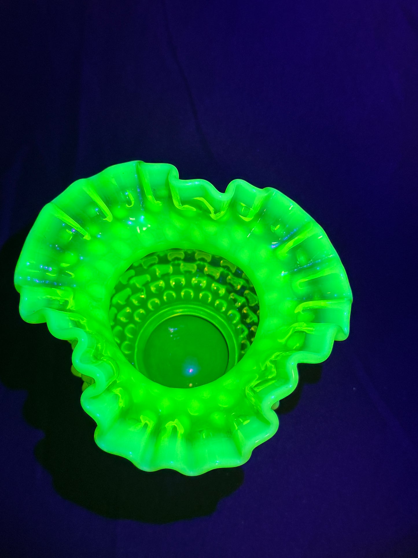 Uranium- Fenton- Hobnail- Ruffled Rose Vase- topaz opalescent