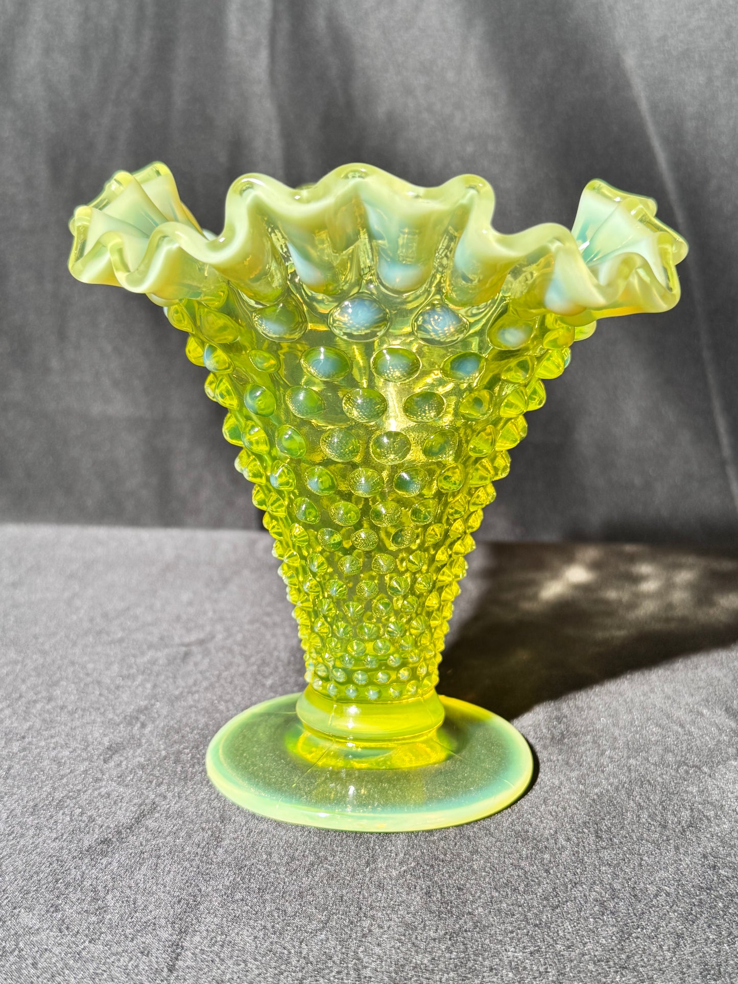 Uranium- Fenton- Hobnail- Ruffled Flower Vase - topaz opalescent