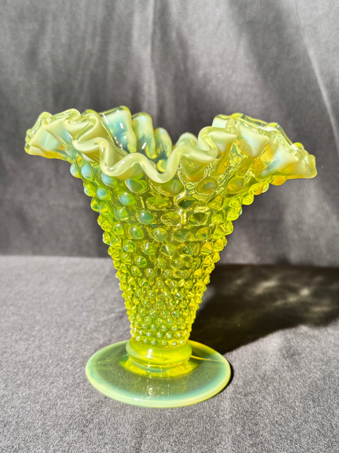 Uranium- Fenton- Hobnail- Ruffled Flower Vase - topaz opalescent