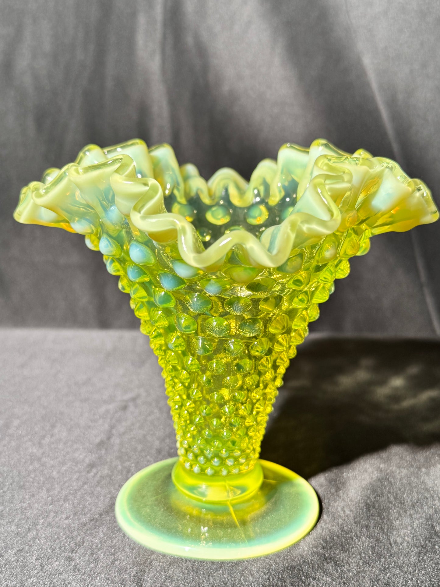 Uranium- Fenton- Hobnail- Ruffled Flower Vase - topaz opalescent