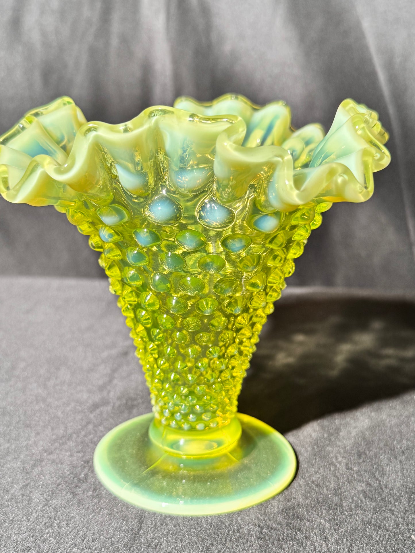 Uranium- Fenton- Hobnail- Ruffled Flower Vase - topaz opalescent