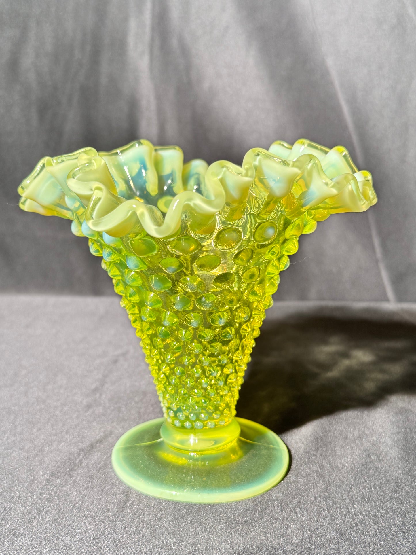 Uranium- Fenton- Hobnail- Ruffled Flower Vase - topaz opalescent