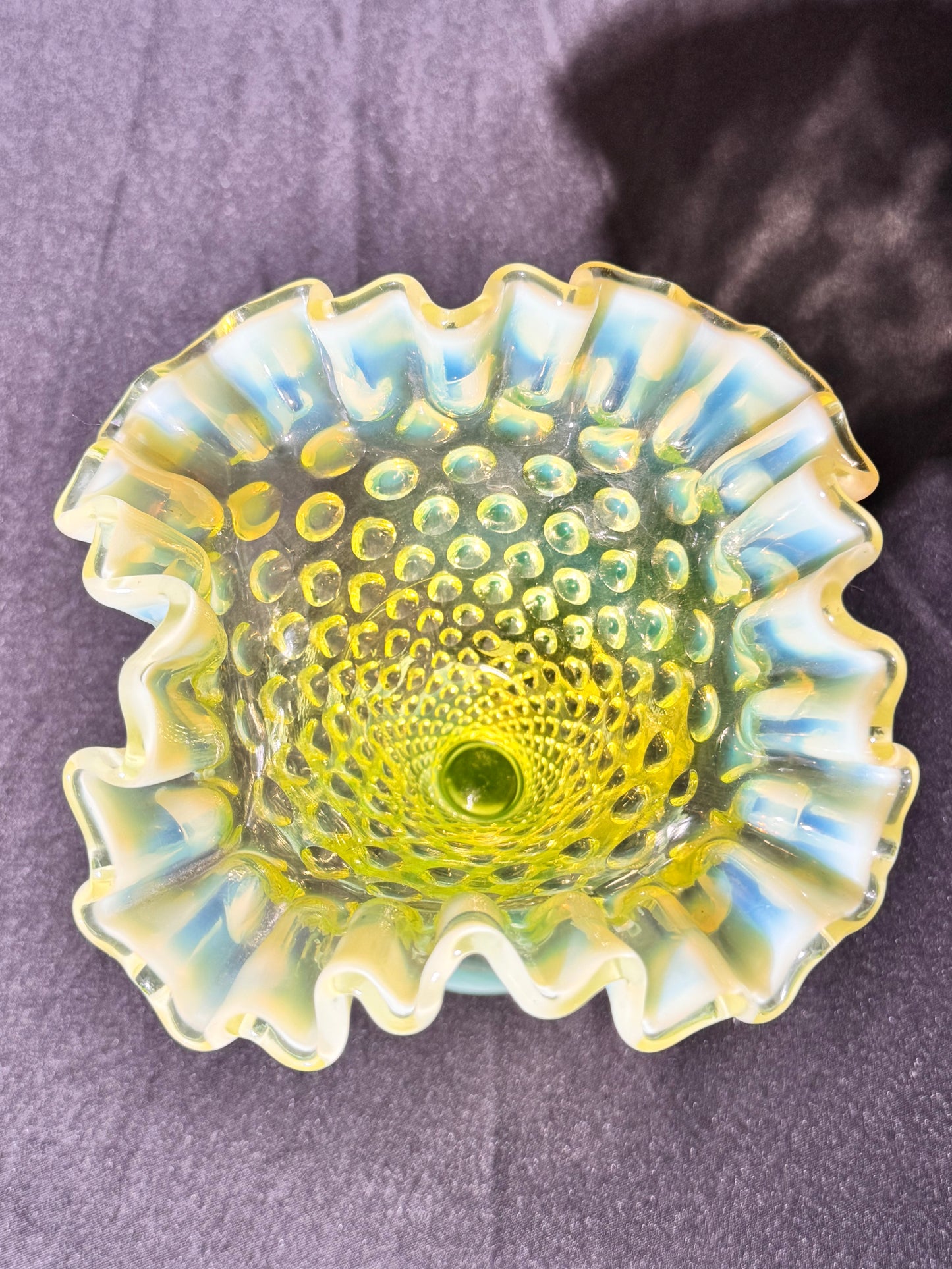 Uranium- Fenton- Hobnail- Ruffled Flower Vase - topaz opalescent