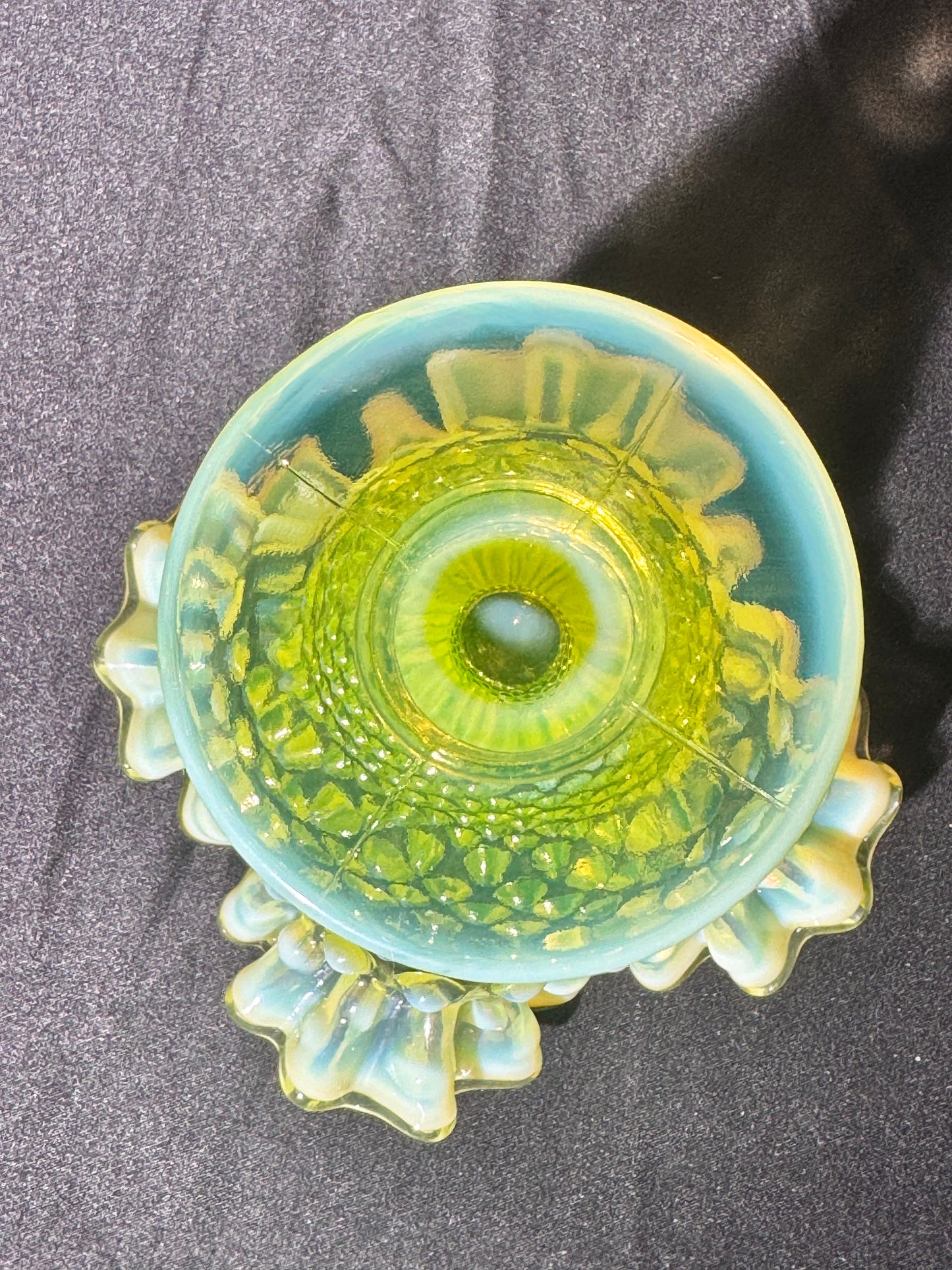Uranium- Fenton- Hobnail- Ruffled Flower Vase - topaz opalescent