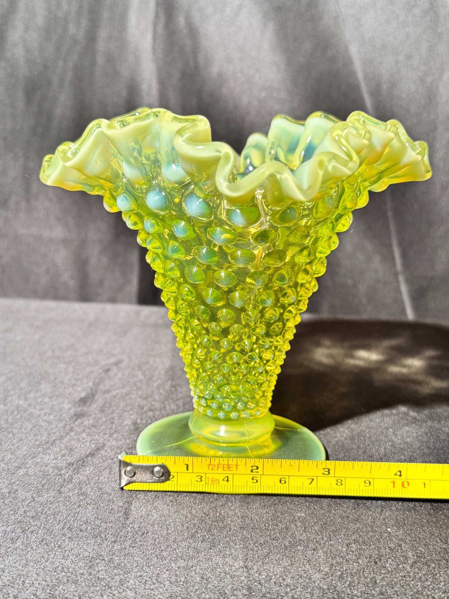 Uranium- Fenton- Hobnail- Ruffled Flower Vase - topaz opalescent