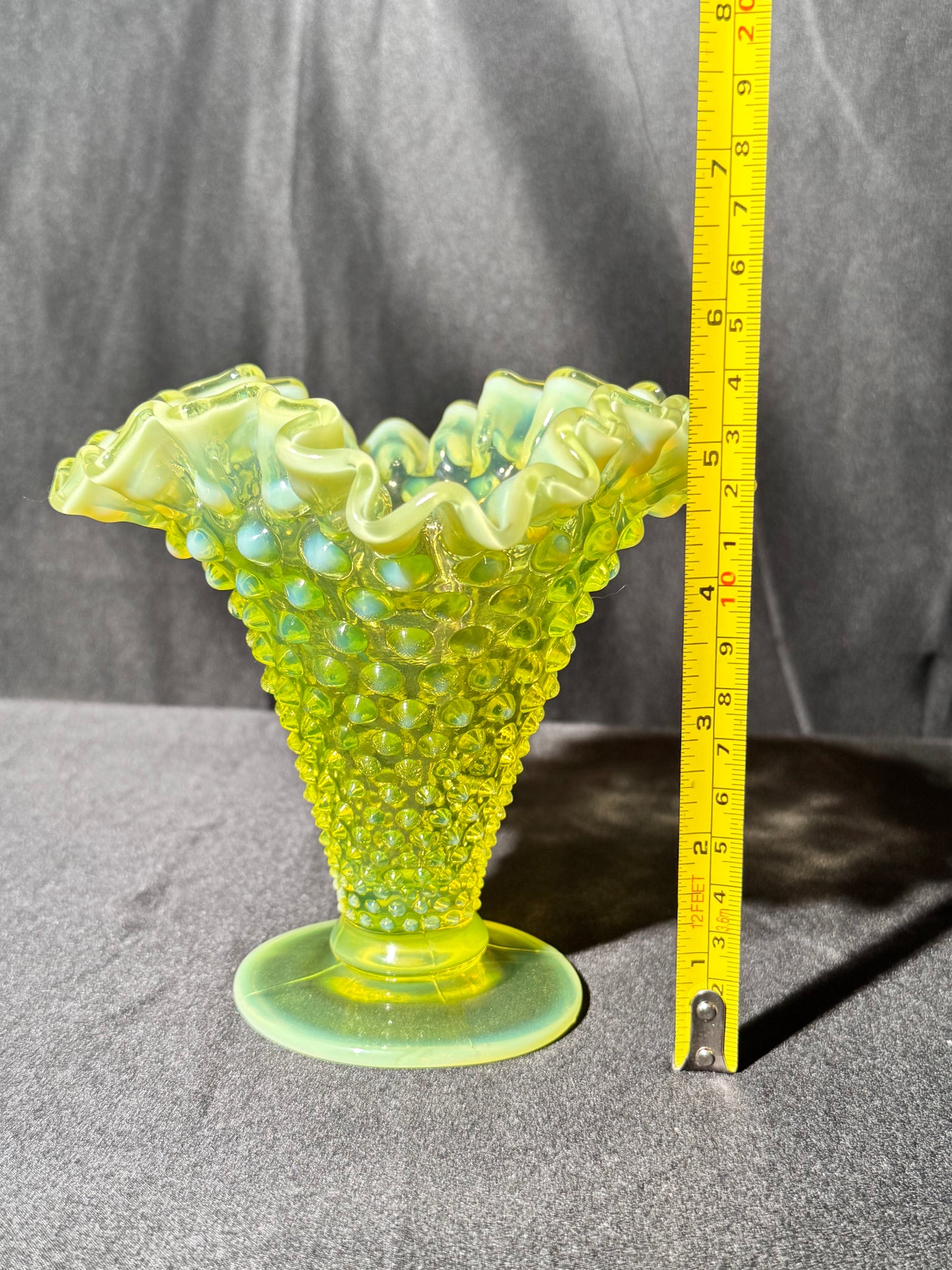 Uranium- Fenton- Hobnail- Ruffled Flower Vase - topaz opalescent