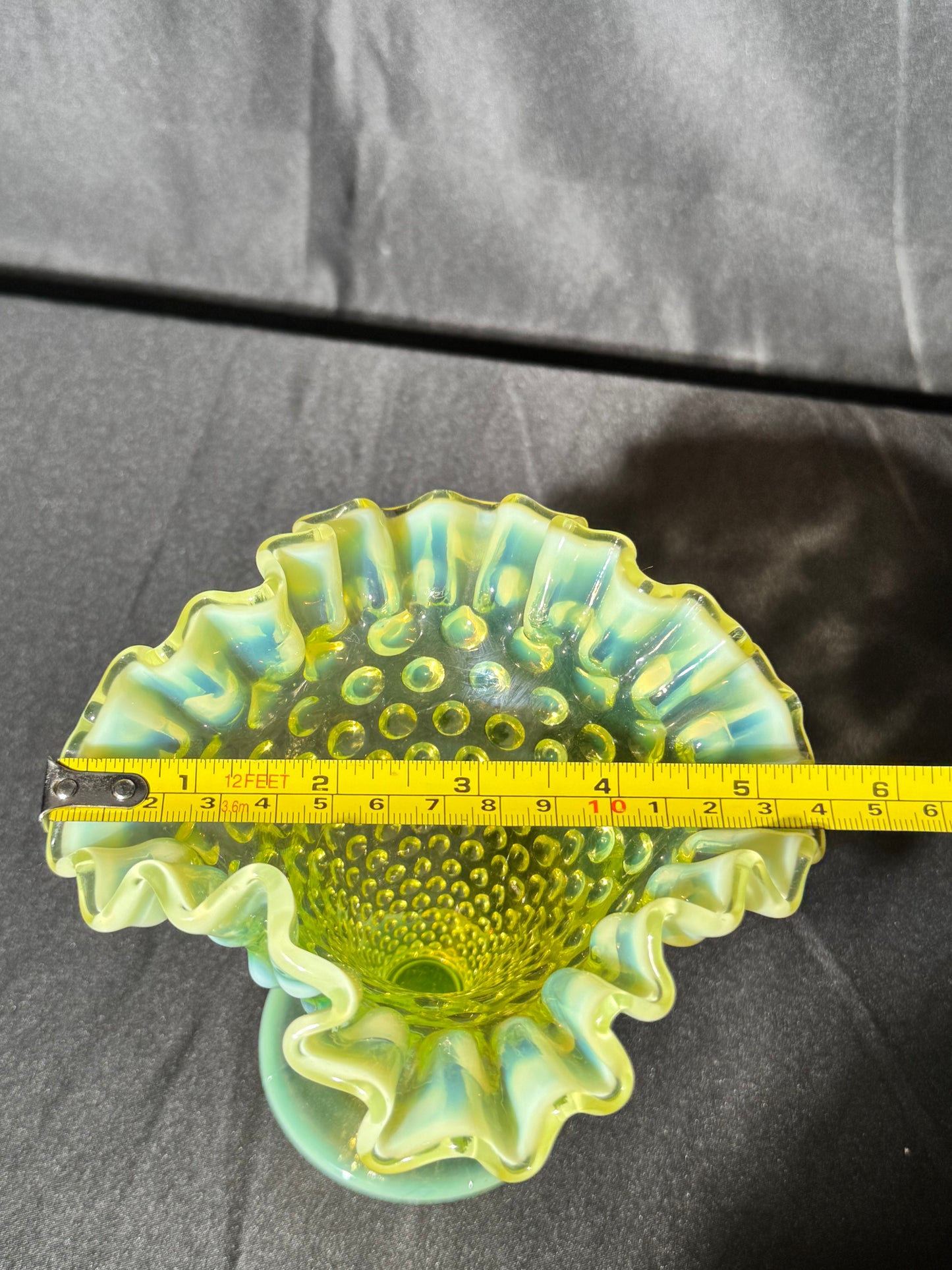 Uranium- Fenton- Hobnail- Ruffled Flower Vase - topaz opalescent