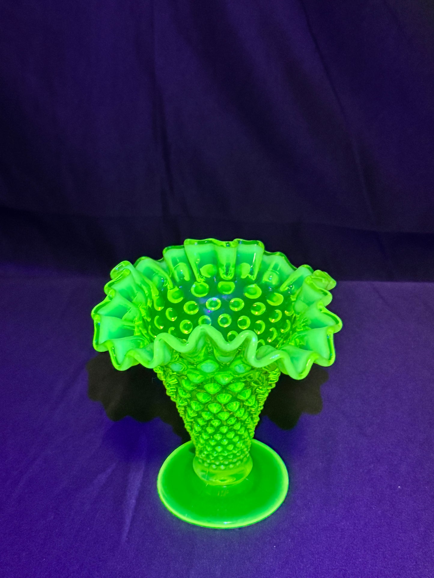 Uranium- Fenton- Hobnail- Ruffled Flower Vase - topaz opalescent