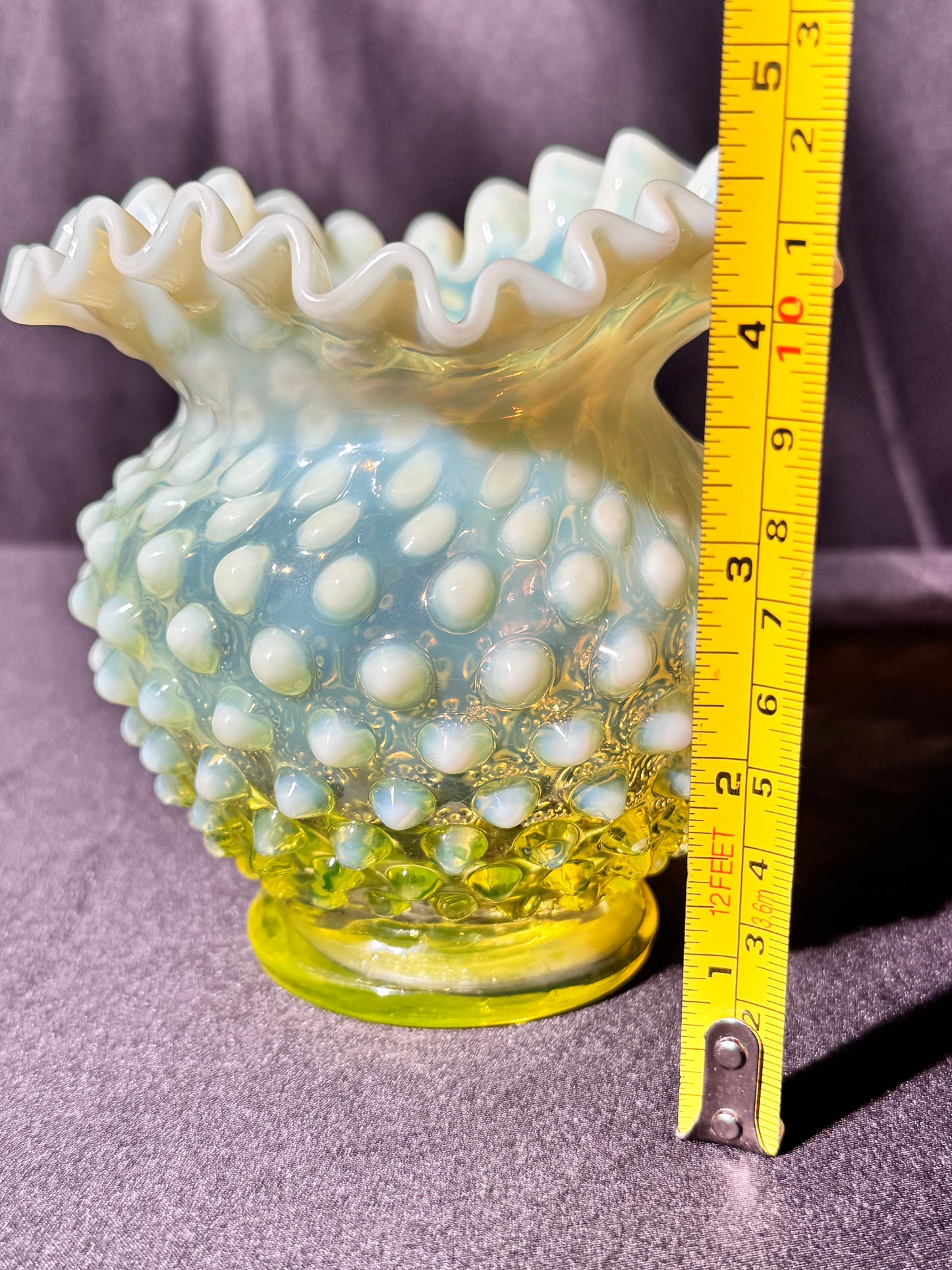 Uranium- Fenton- Hobnail- Ruffled Flower Rose Vase - topaz opalescent