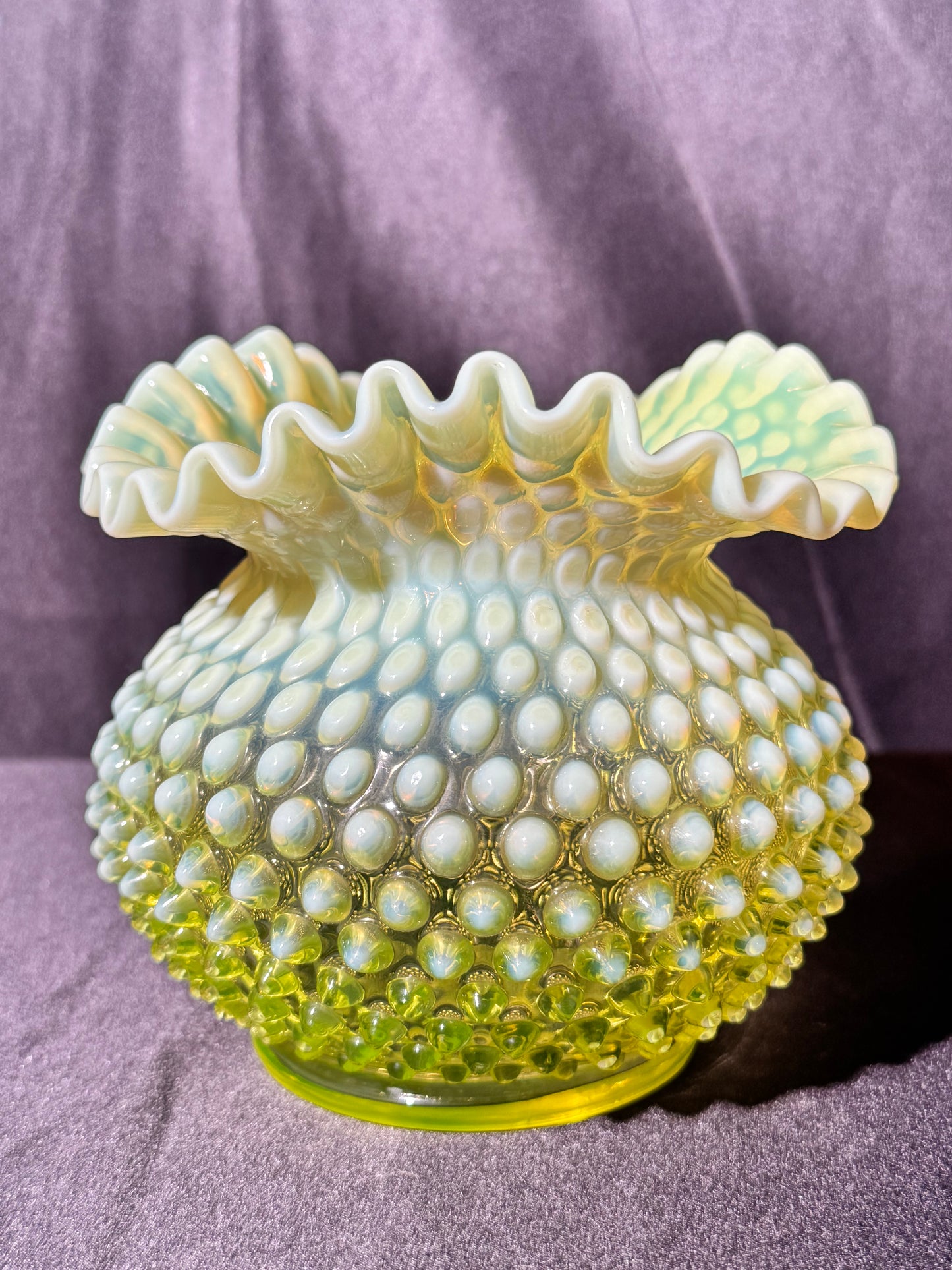 Uranium- Fenton- Hobnail- Ruffled Rose Bowl / Vase - topaz opalescent