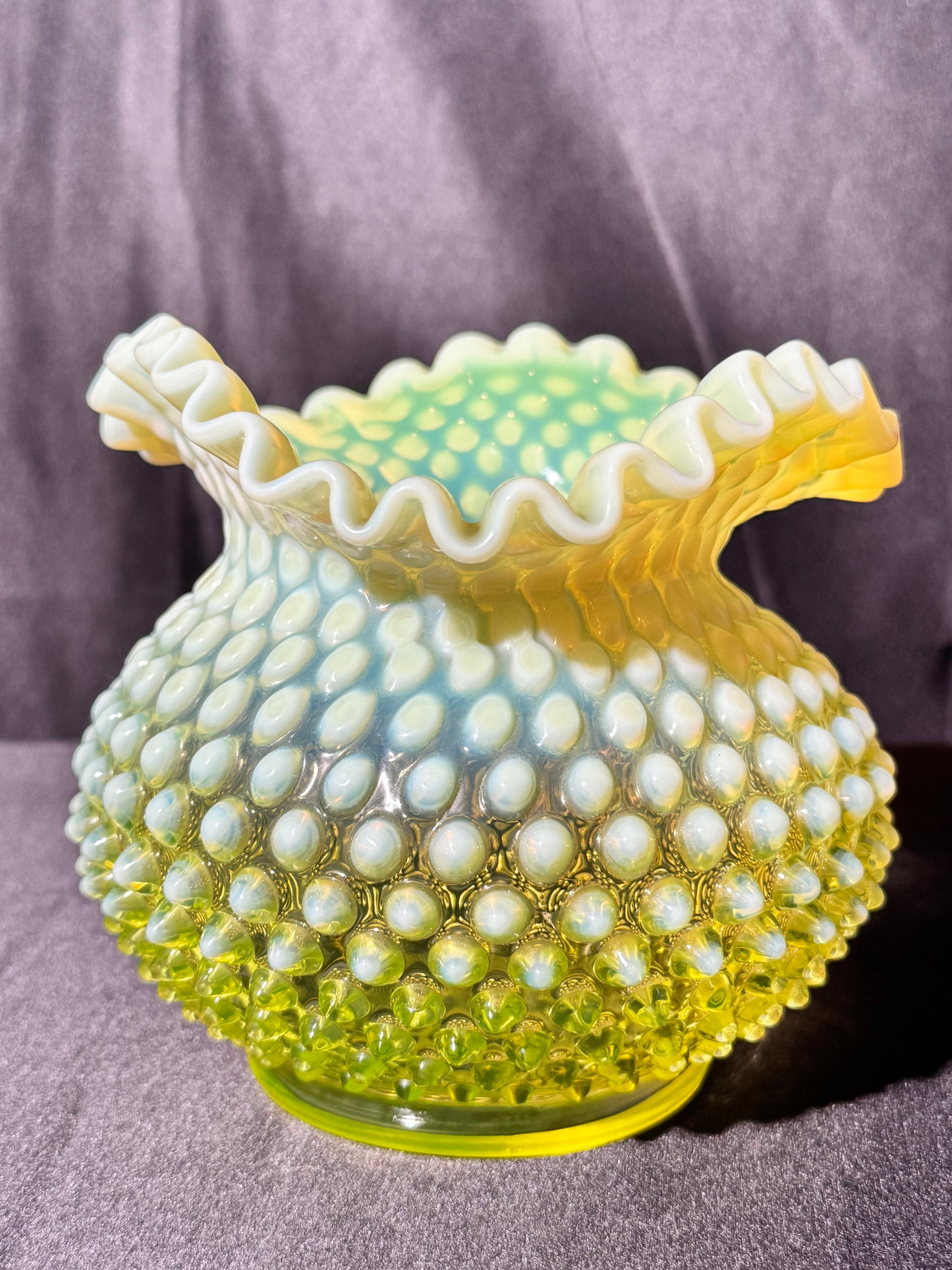 Uranium- Fenton- Hobnail- Ruffled Rose Bowl / Vase - topaz opalescent