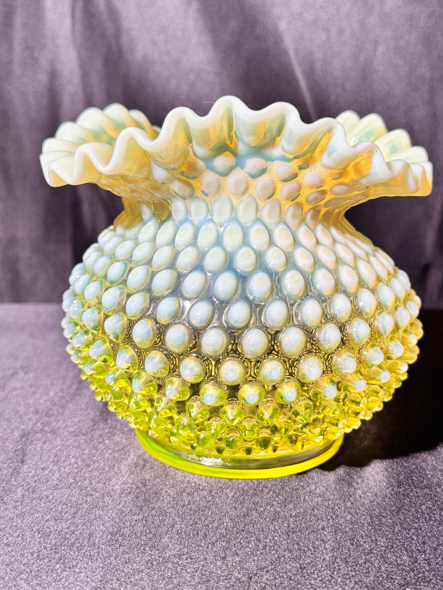 Uranium- Fenton- Hobnail- Ruffled Rose Bowl / Vase - topaz opalescent