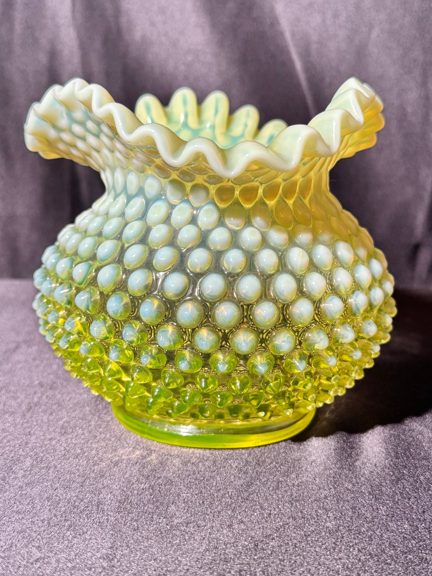 Uranium- Fenton- Hobnail- Ruffled Rose Bowl / Vase - topaz opalescent