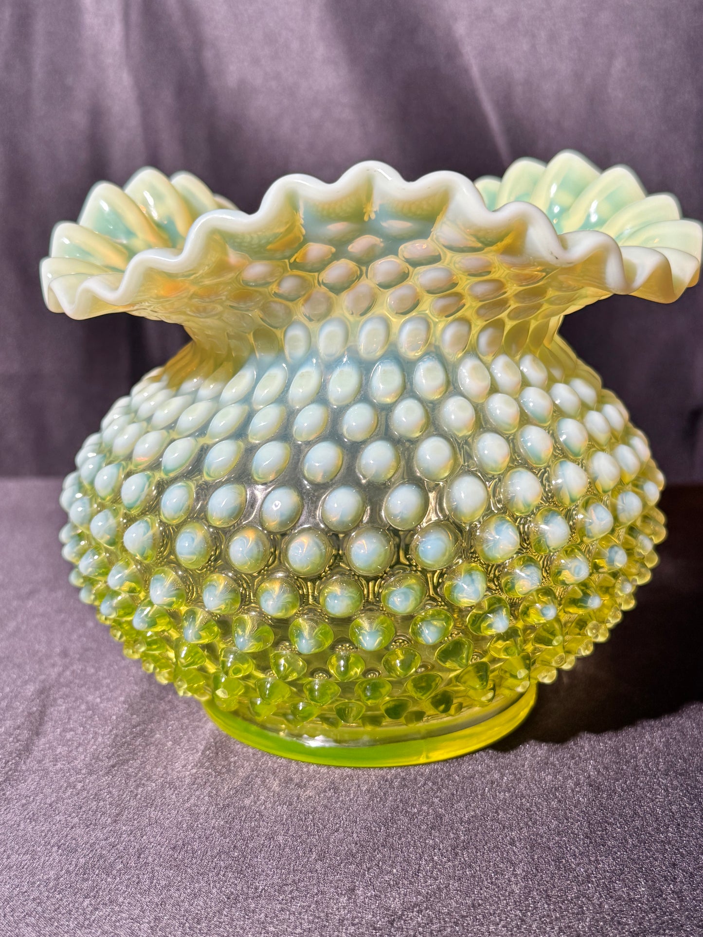 Uranium- Fenton- Hobnail- Ruffled Rose Bowl / Vase - topaz opalescent
