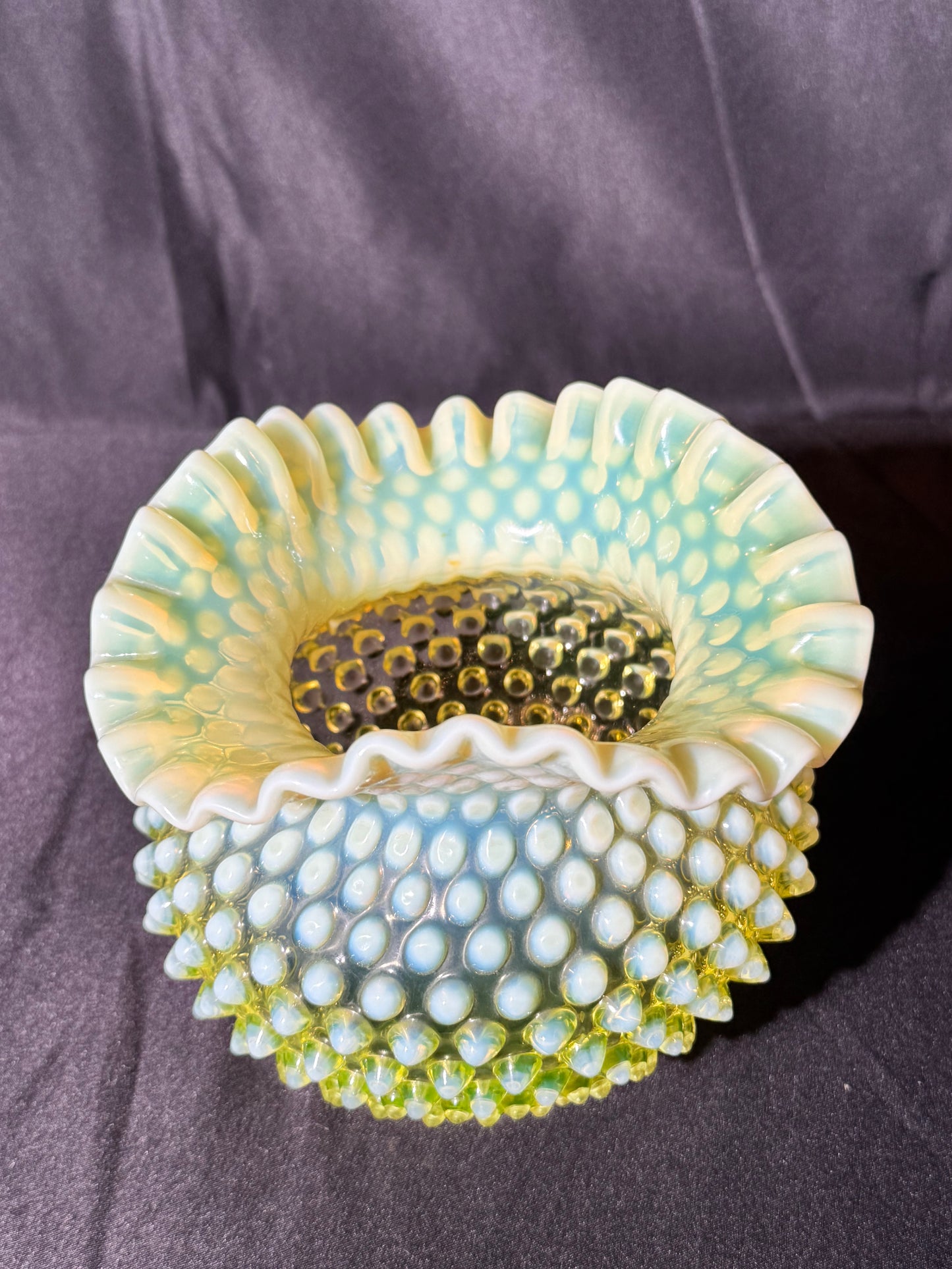Uranium- Fenton- Hobnail- Ruffled Rose Bowl / Vase - topaz opalescent