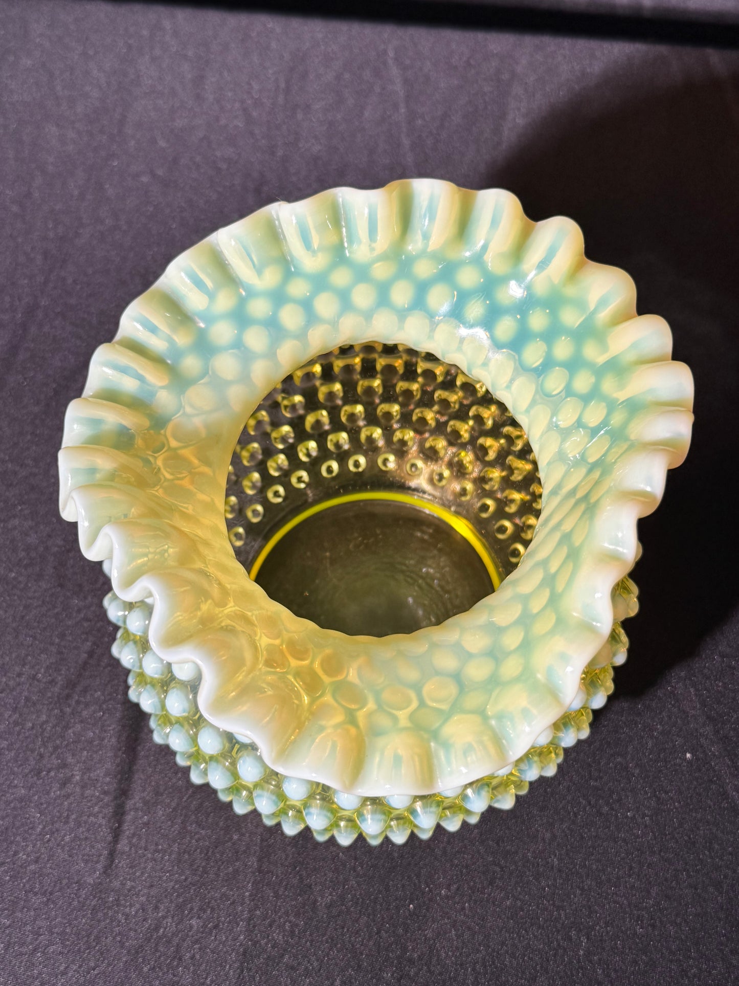Uranium- Fenton- Hobnail- Ruffled Rose Bowl / Vase - topaz opalescent
