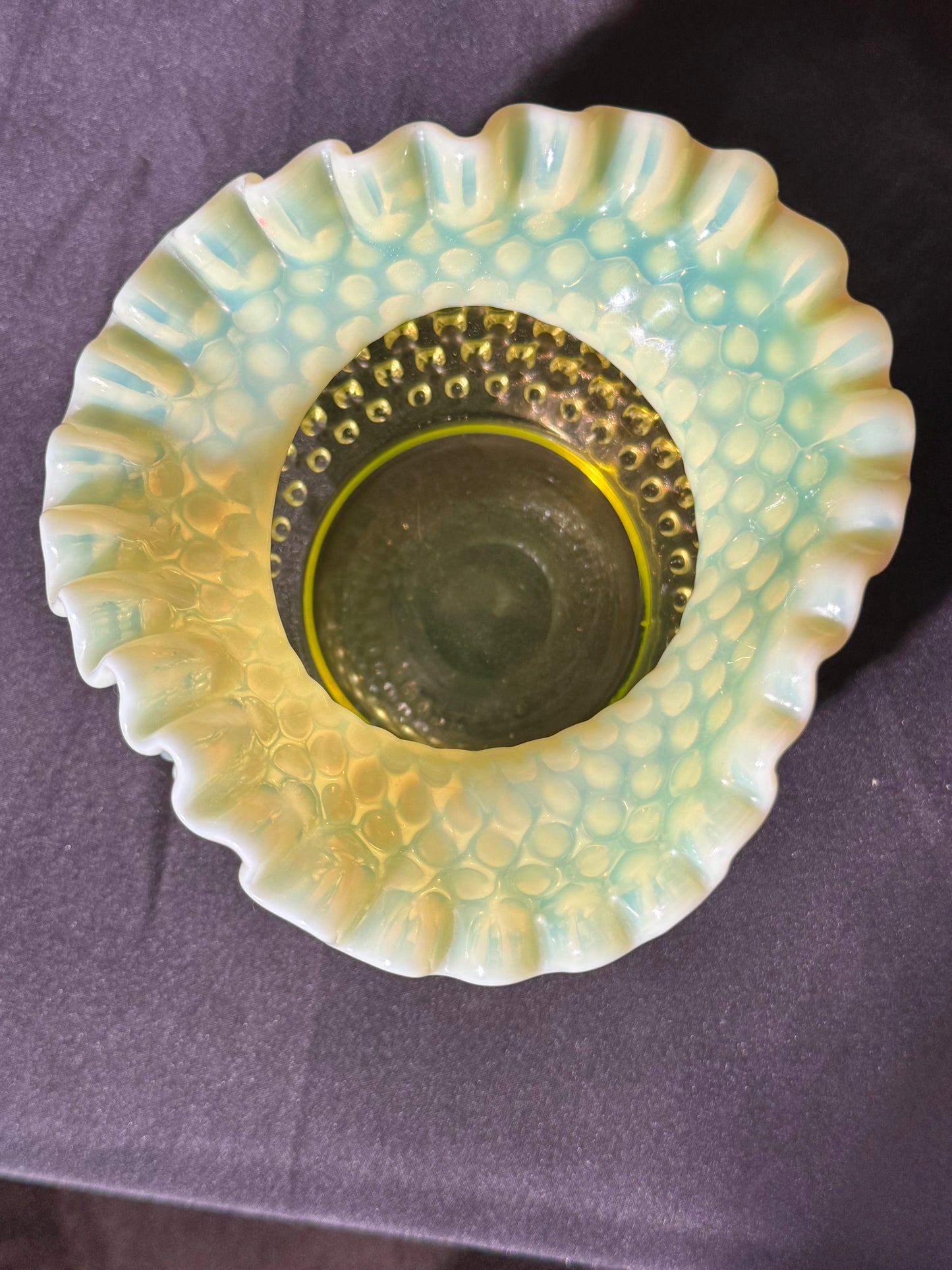 Uranium- Fenton- Hobnail- Ruffled Rose Bowl / Vase - topaz opalescent