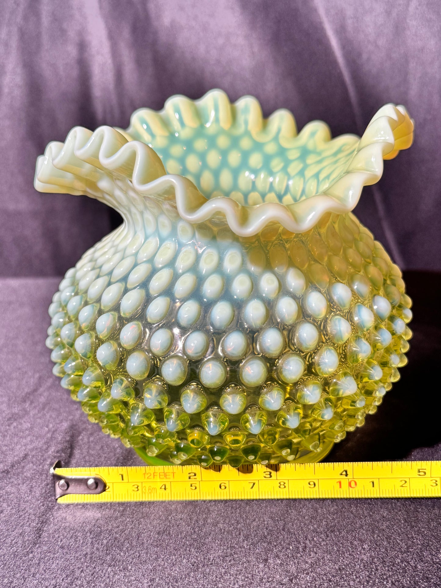 Uranium- Fenton- Hobnail- Ruffled Rose Bowl / Vase - topaz opalescent