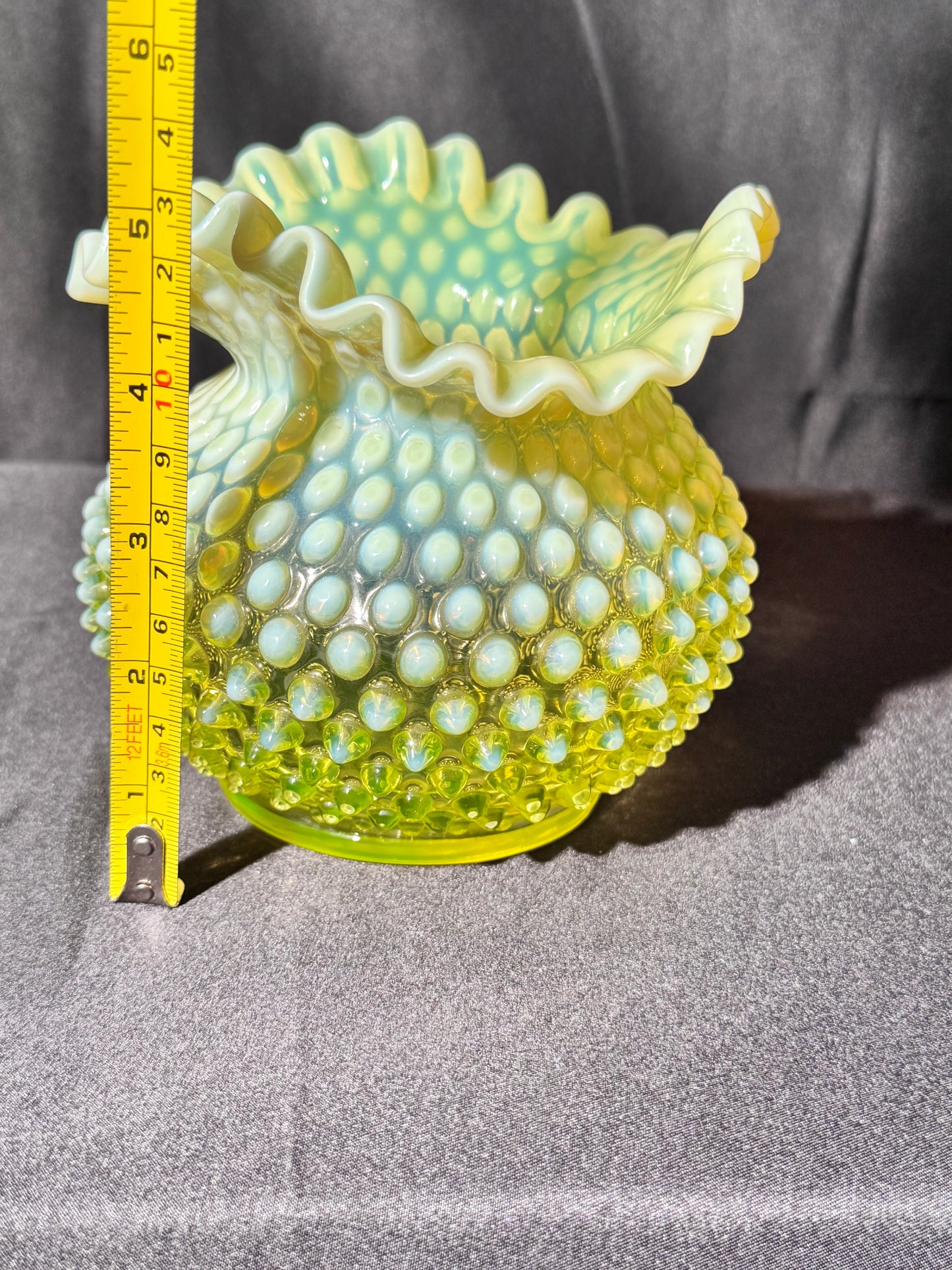 Uranium- Fenton- Hobnail- Ruffled Rose Bowl / Vase - topaz opalescent