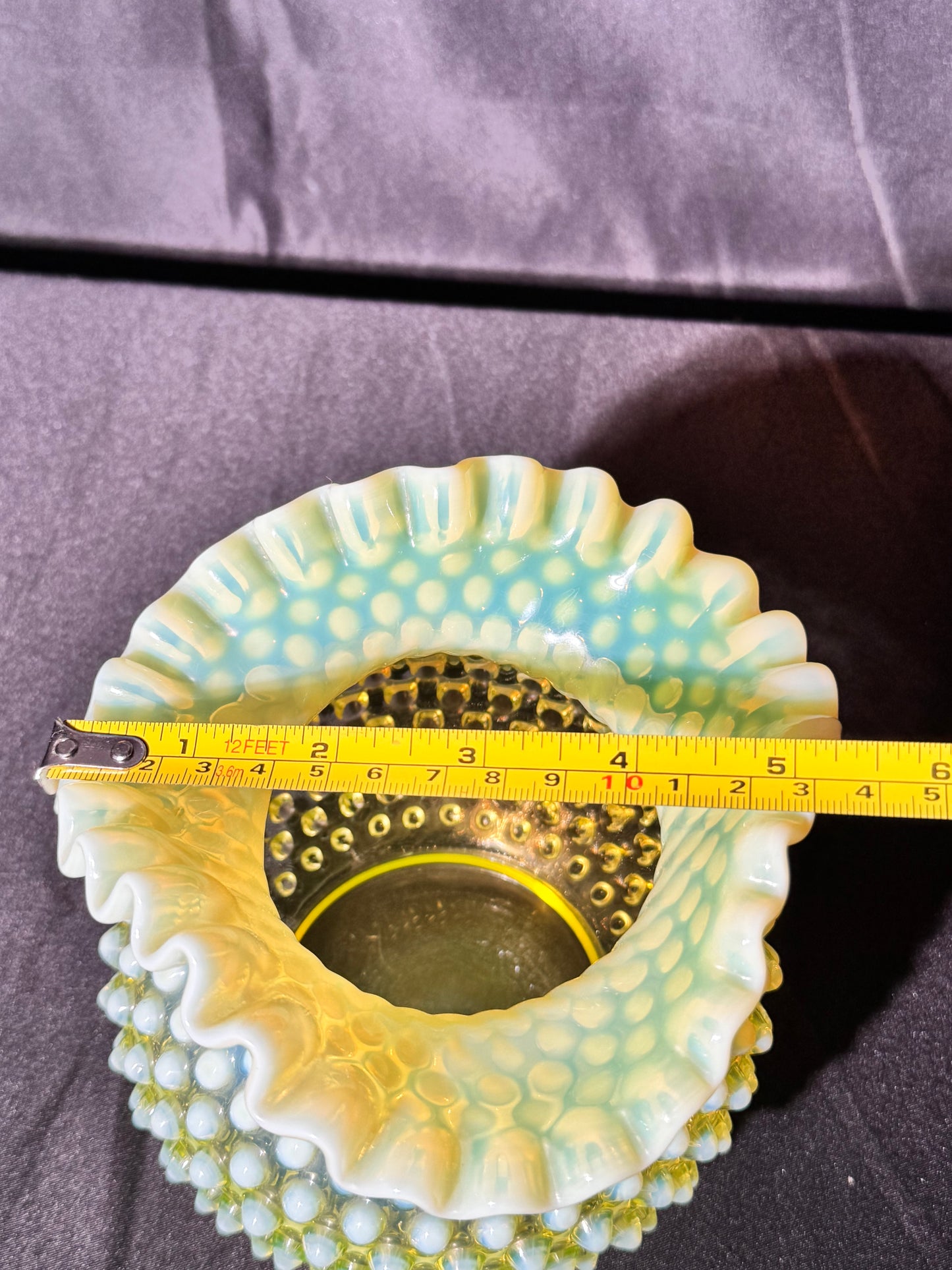 Uranium- Fenton- Hobnail- Ruffled Rose Bowl / Vase - topaz opalescent